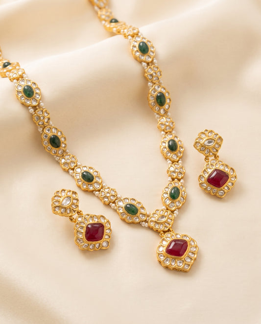 Handcrafted 22kt Gold Long Jakarti Set with Pendant and 10 Carat Certified Syndicate Polki in Thapa Work