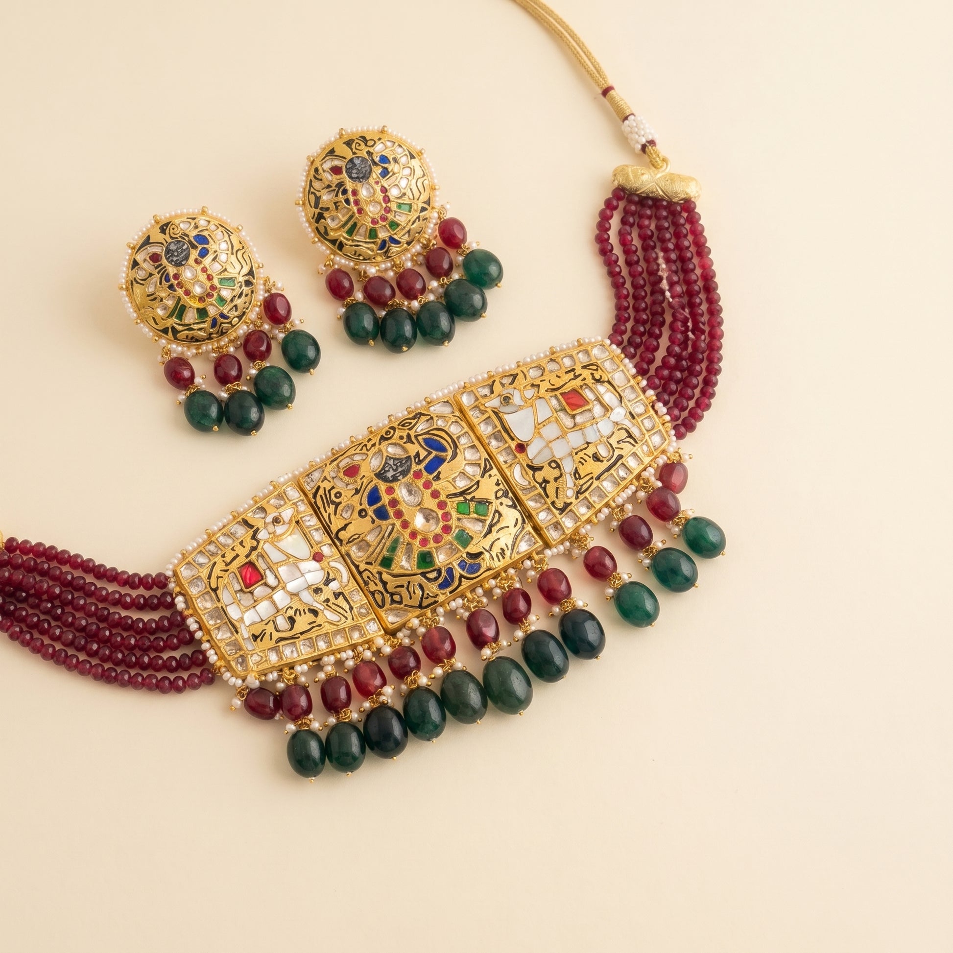 Jharoka Shreenathji choker set green and maroon | Vama Gears