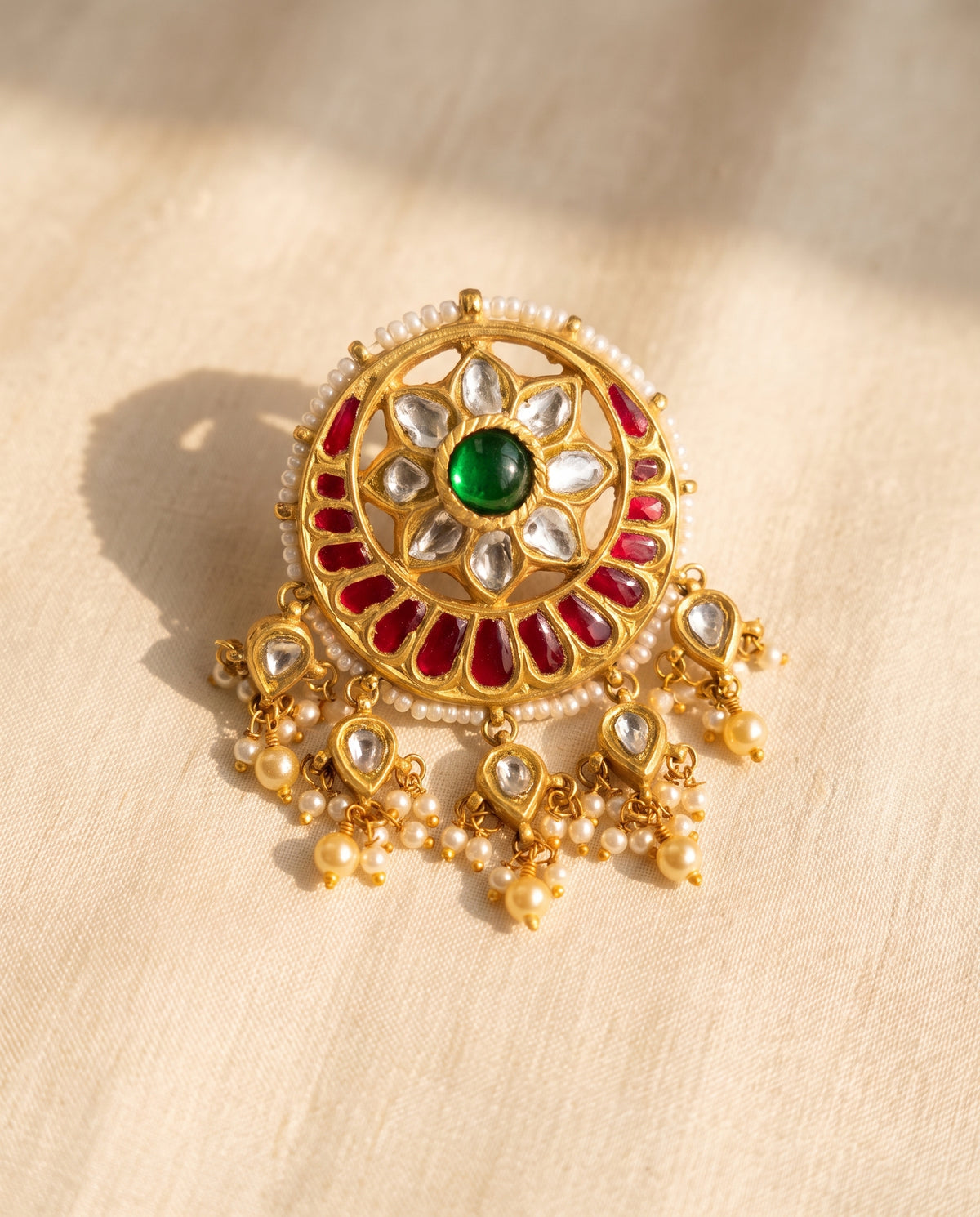 Handcrafted 22kt Gold Moon Chand Pendant with 3 Carat Certified Syndicate Polki in Crescent Thapa Work