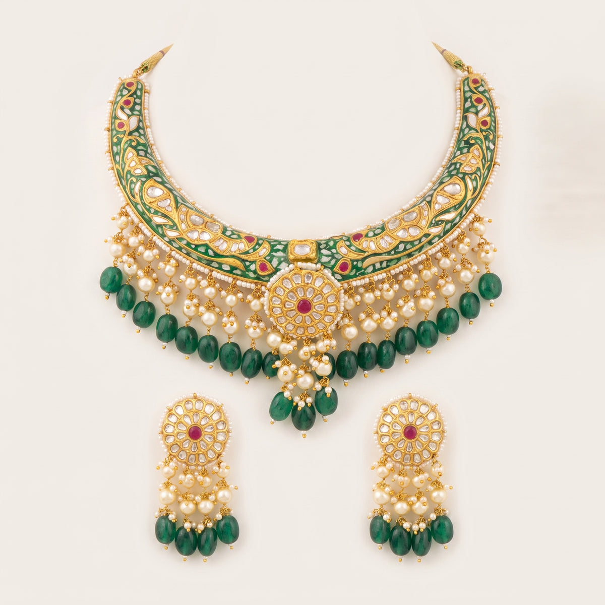 Handcrafted 22kt Gold Green Meenakari Hasli Rigid Collar with 5 Carat Certified Syndicate Polki and Green Meenakari Enamel in Thapa Work