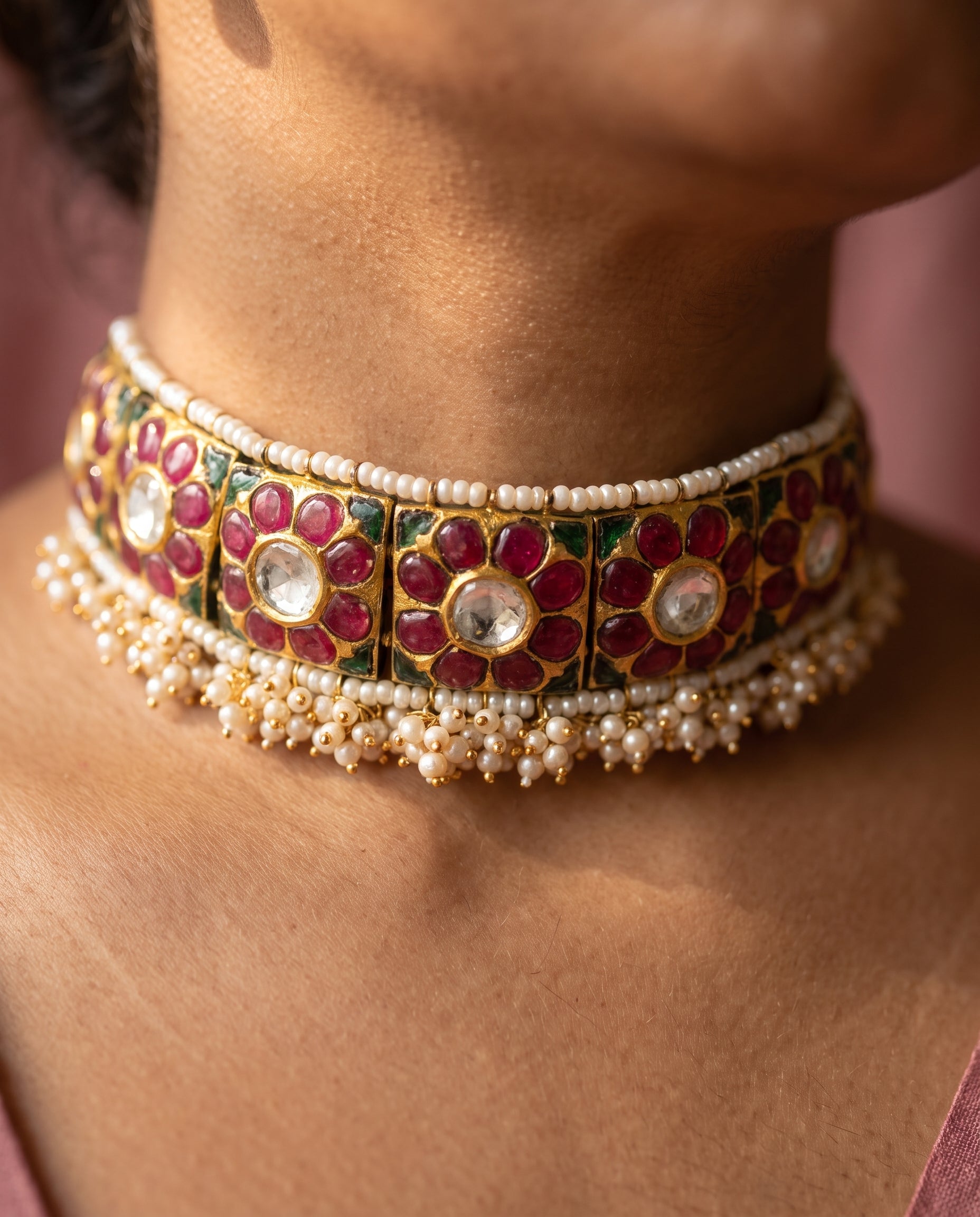 Handcrafted 22kt Gold Flower Bracelet cum Choker with 3.5 Carat Certified Syndicate Polki in Floral Thapa Work