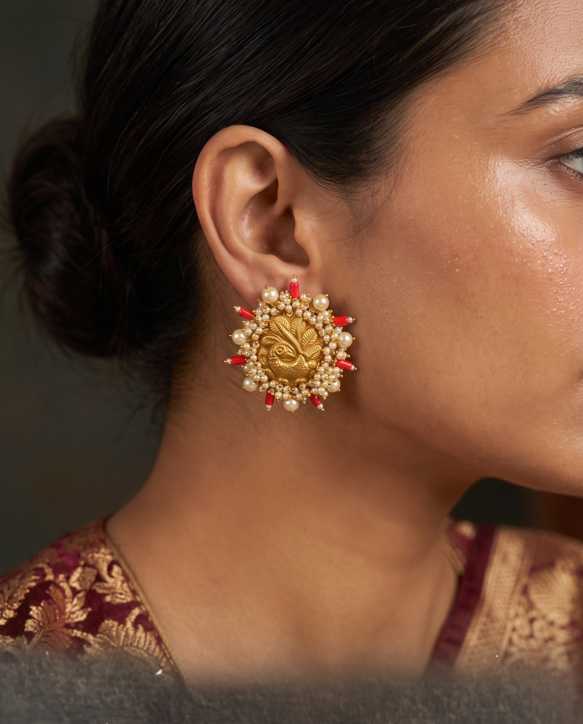 Handcrafted 22kt 916 Hallmarked Gold Peacock Earrings with Coral Stones in Peacock Motif Jhumki Thapa Work
