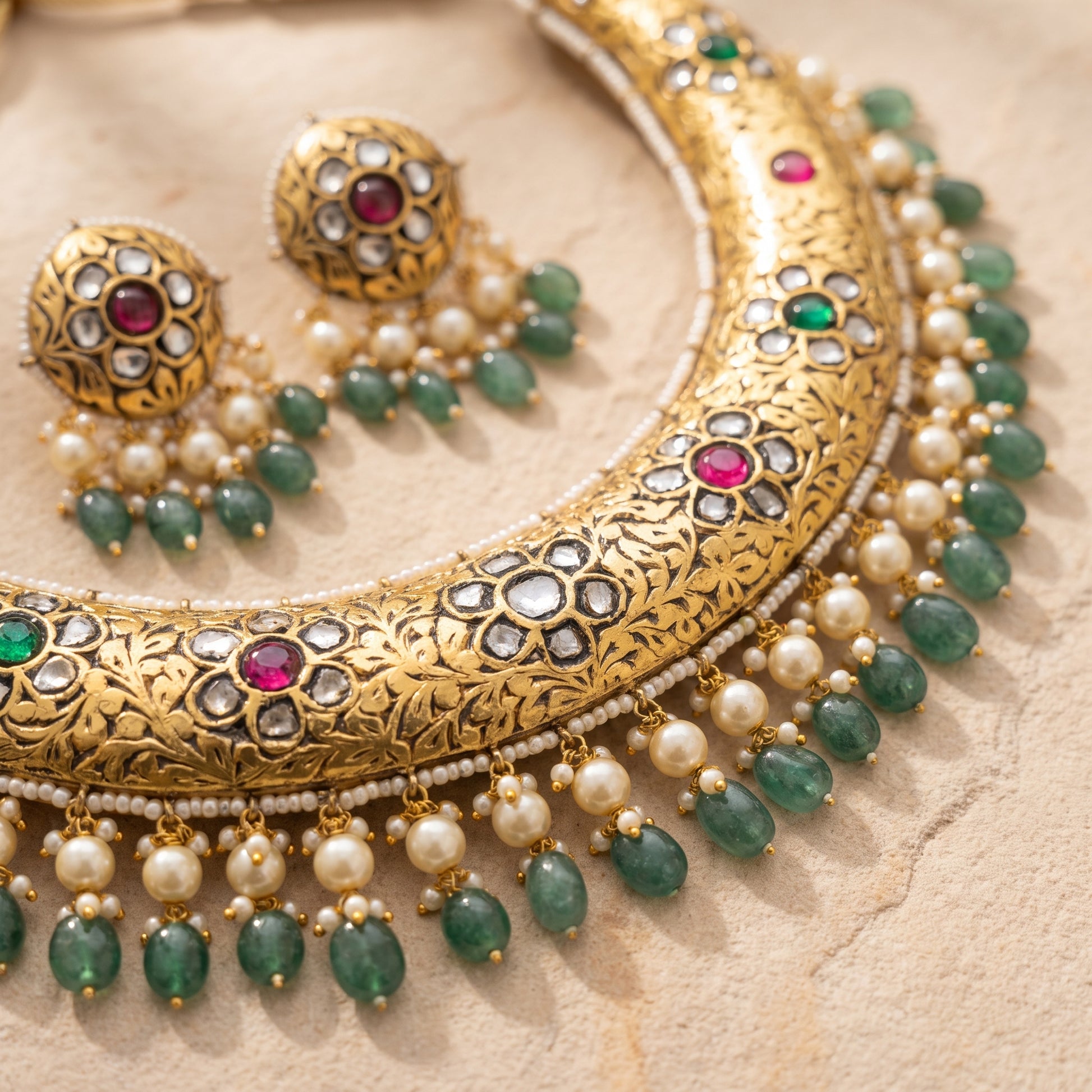 Handcrafted 22kt Gold Prataj Hasli Rigid Collar Necklace with 6 Carat Certified Syndicate Polki in Thapa Work