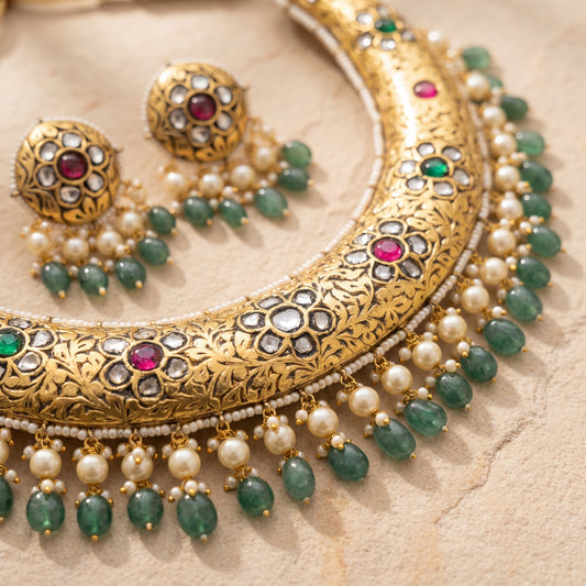 Handcrafted 22kt Gold Prataj Hasli Rigid Collar Necklace with 6 Carat Certified Syndicate Polki in Thapa Work