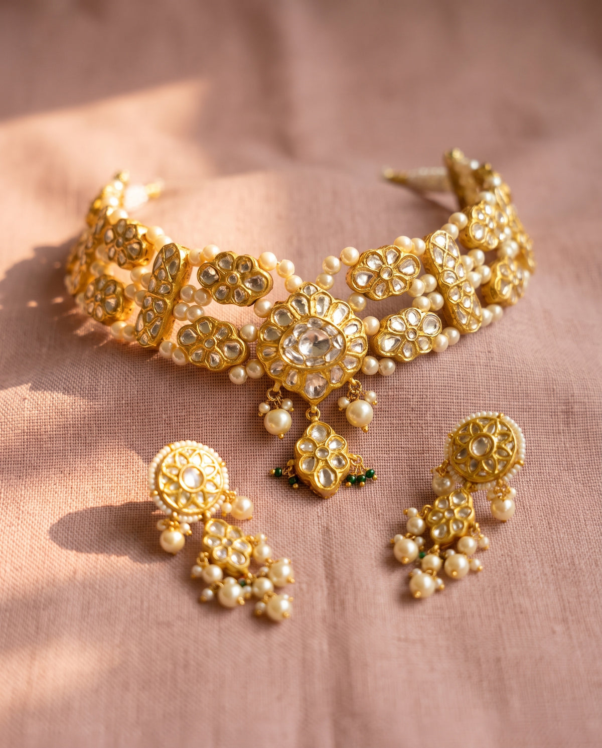 Handcrafted 22kt Gold Hiranya Choker Set with 9 Carat Certified Syndicate Polki in Thapa Work