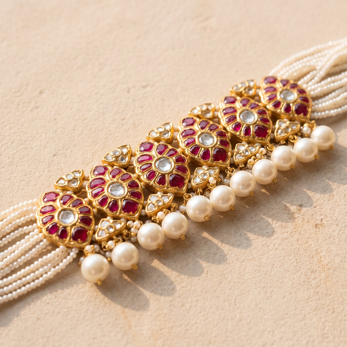 Handcrafted 22kt Gold Ruby Oval Choker Set with 8 Carat Certified Syndicate Polki and Ruby Red Semi Precious Stones in Oval Motif Thapa Work