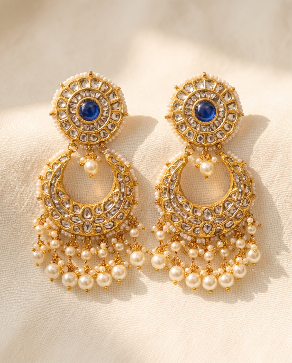 Handcrafted 22kt Gold All Polki Chandbali Earrings with 4 Carat Certified Syndicate Polki Across the Crescent in Lightweight Gold Sheet Work