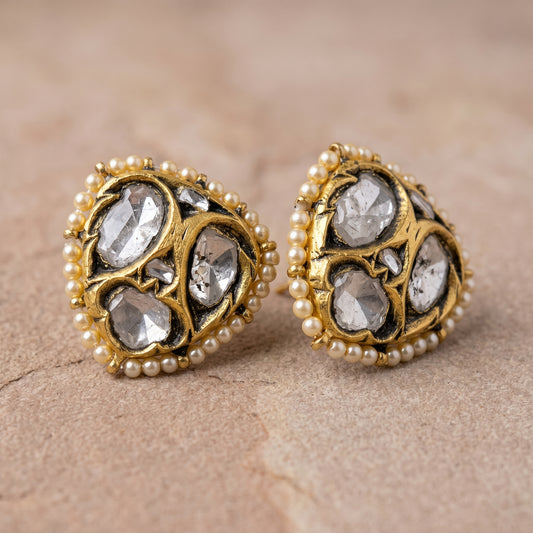 Handcrafted 22kt Gold Triangle Studs with 3 Carat Certified Syndicate Polki in Geometric Thapa Work