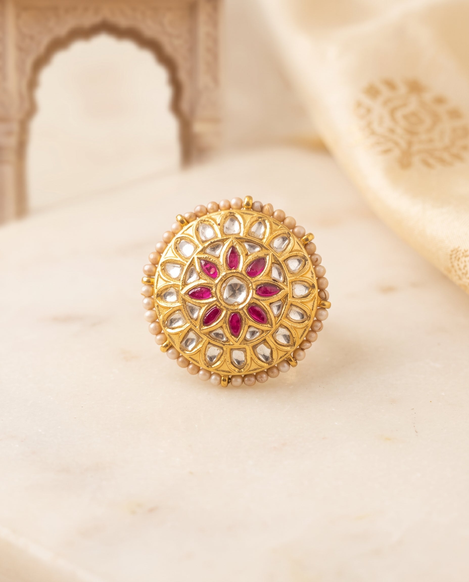 Handcrafted 22kt Gold Pink Flower Ring with 2 Carat Certified Syndicate Polki and Pink Semi Precious Stone in Floral Thapa Work