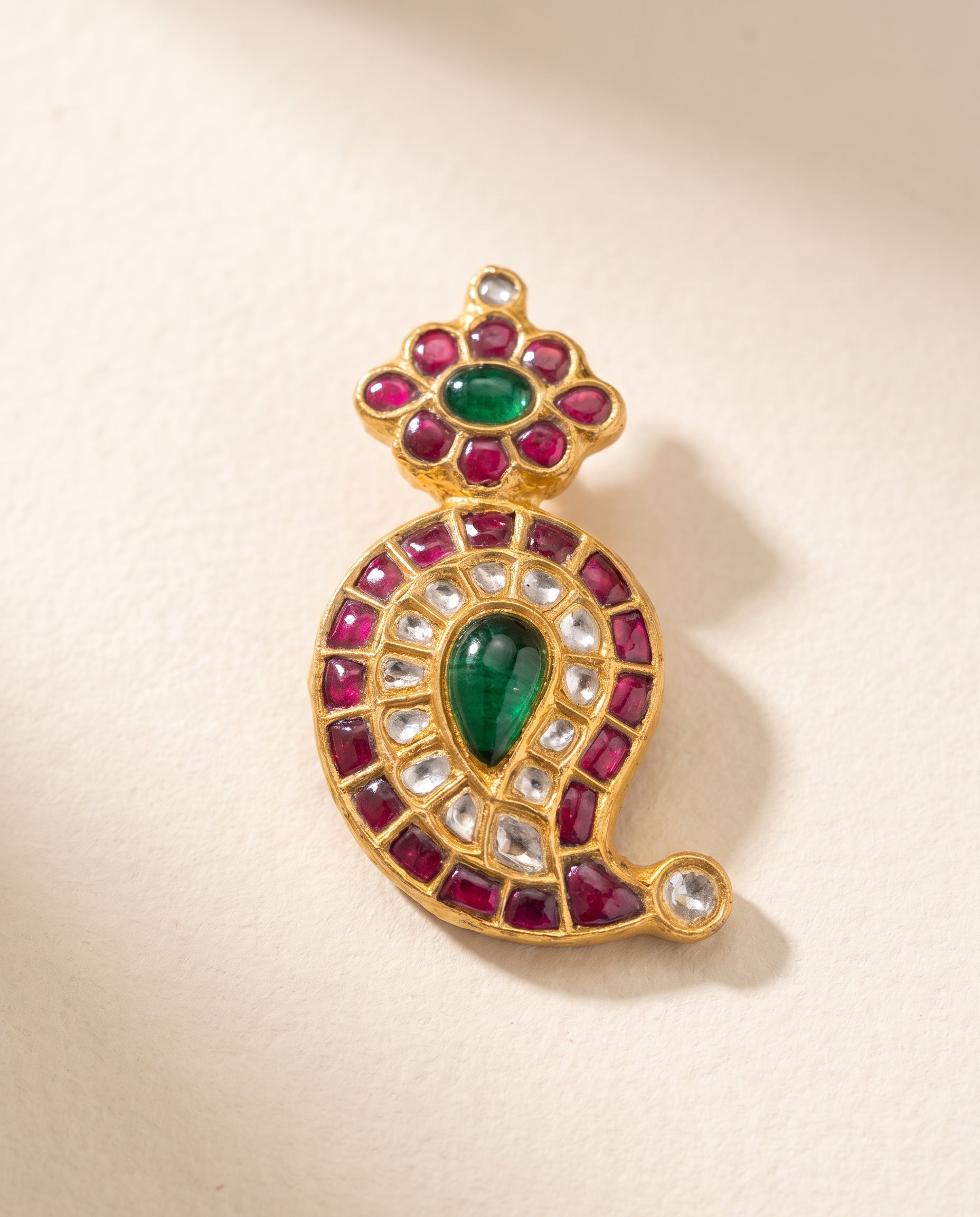 Handcrafted 22kt Gold Mango Leaf Pendant with 2 Carat Certified Syndicate Polki in Mango and Leaf Motif Thapa Work