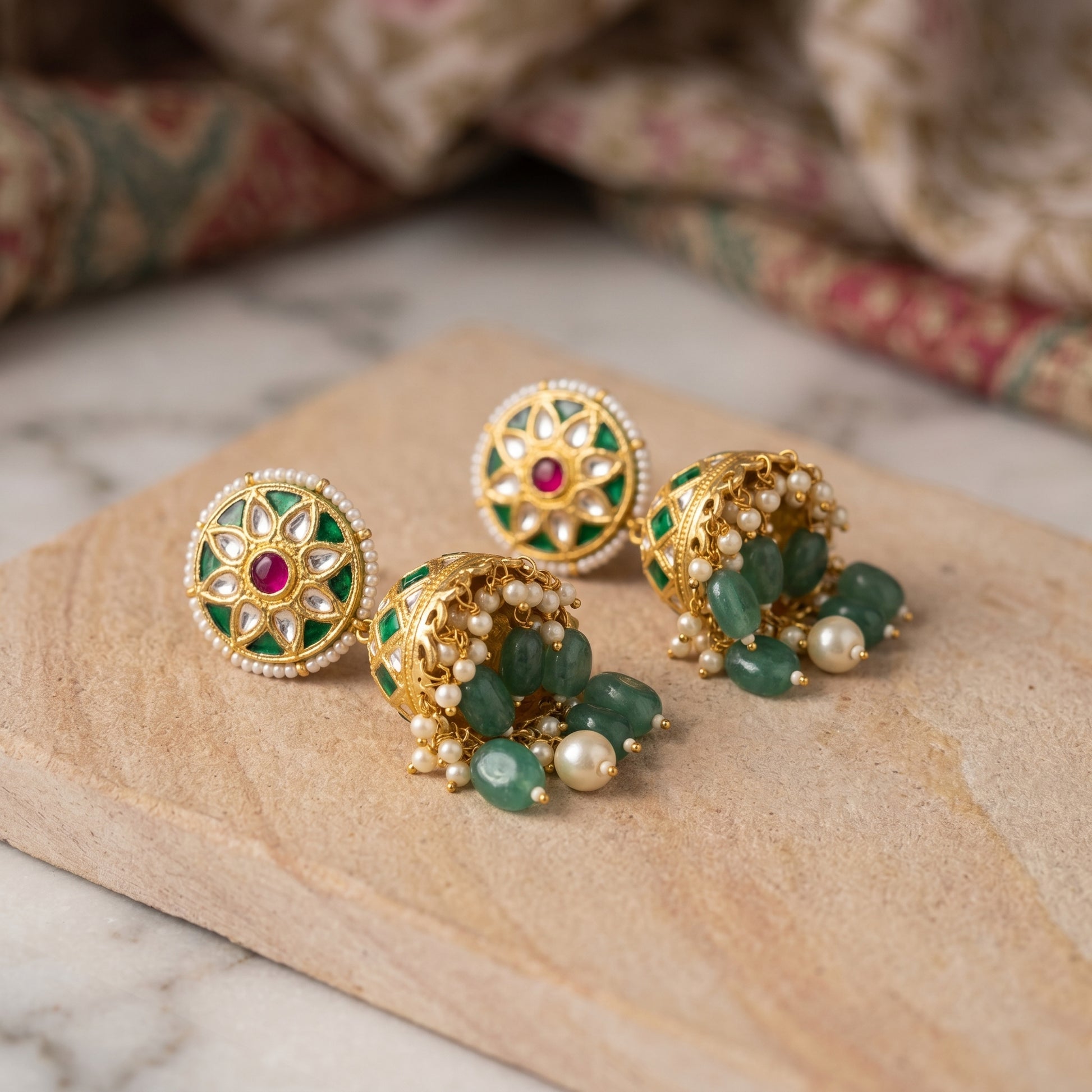 Handcrafted 22kt Gold Green Drop Jhumkis with 2 Carat Certified Syndicate Polki and Green Semi Precious Stone Drops in Thapa Work