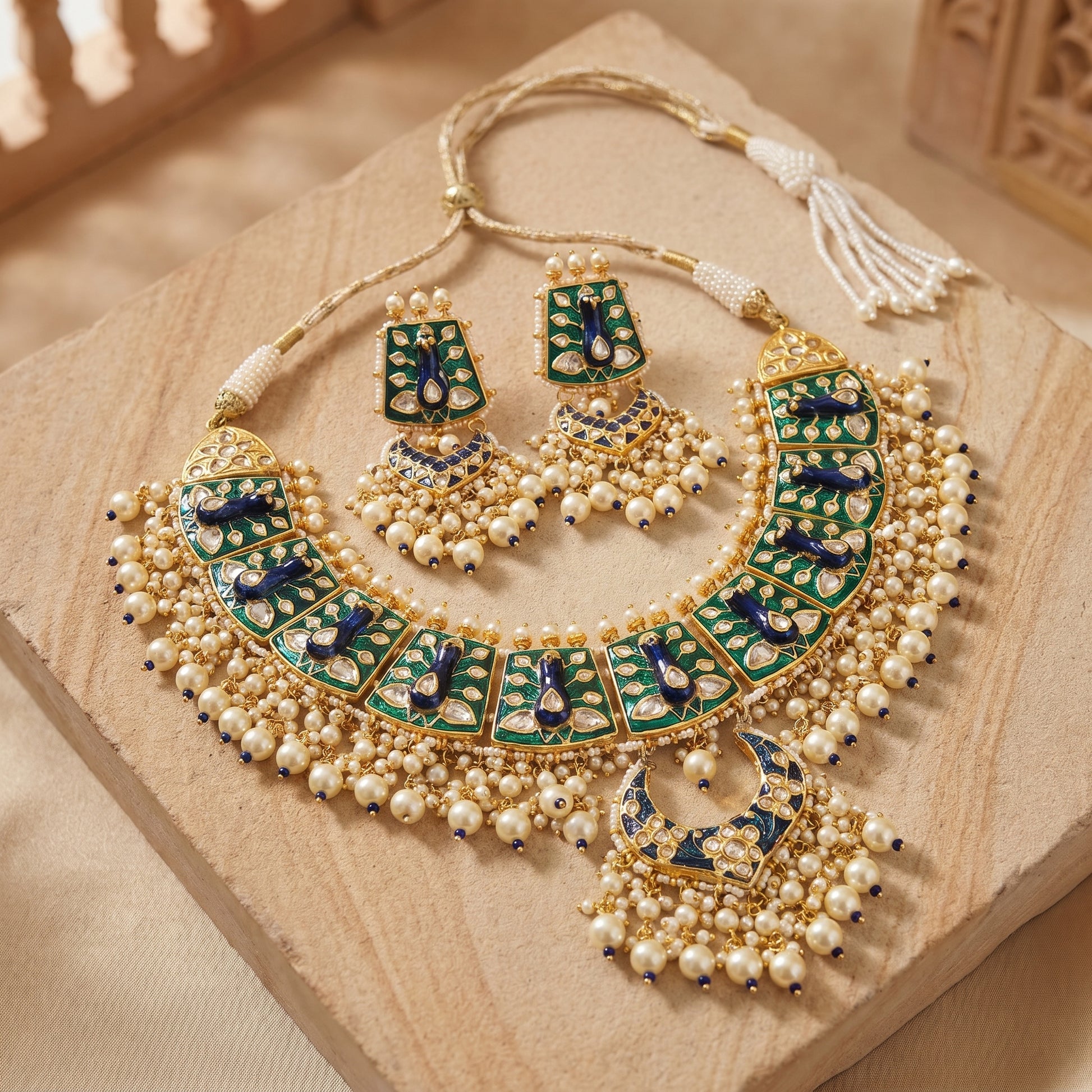 Jharoka Peacock blue green meenakari set | Vama Gears