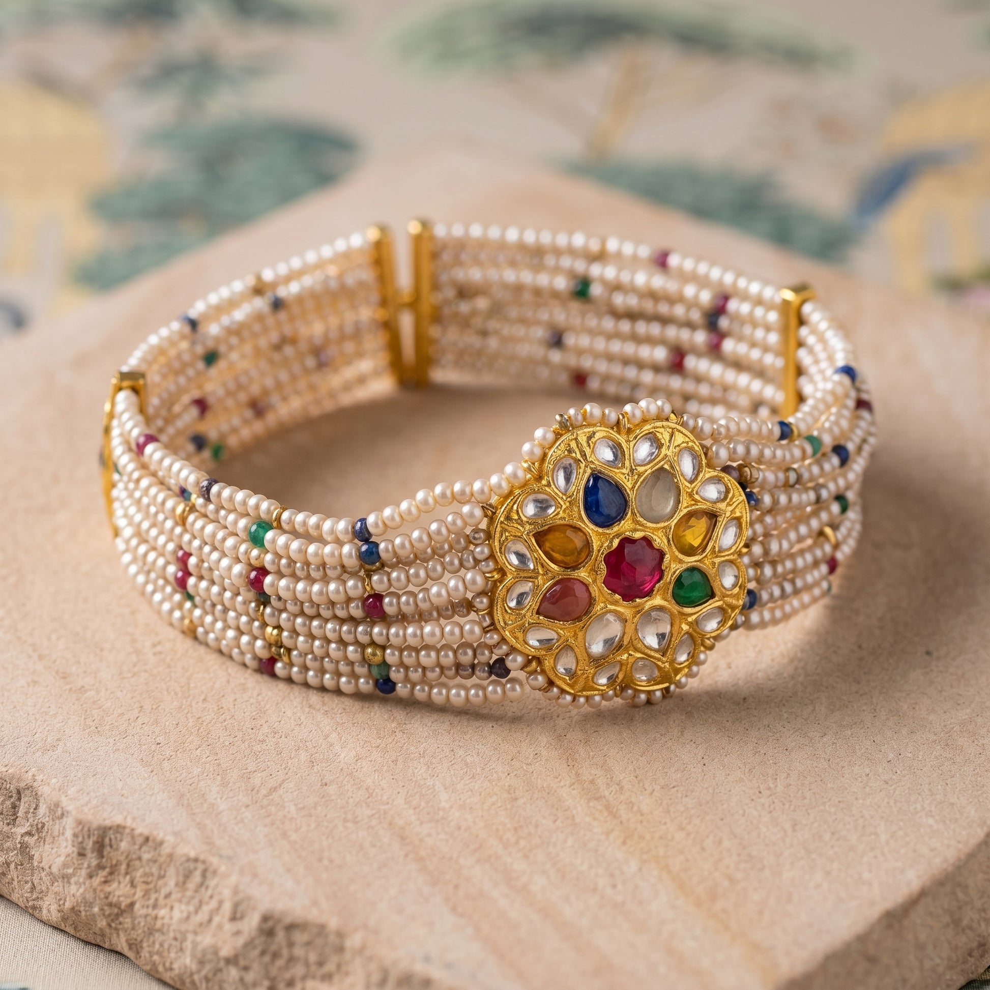 Handcrafted 22kt Gold Navratan Choker with 2 Carat Certified Syndicate Polki and Multi-Colour Semi Precious Stones in Thapa Work