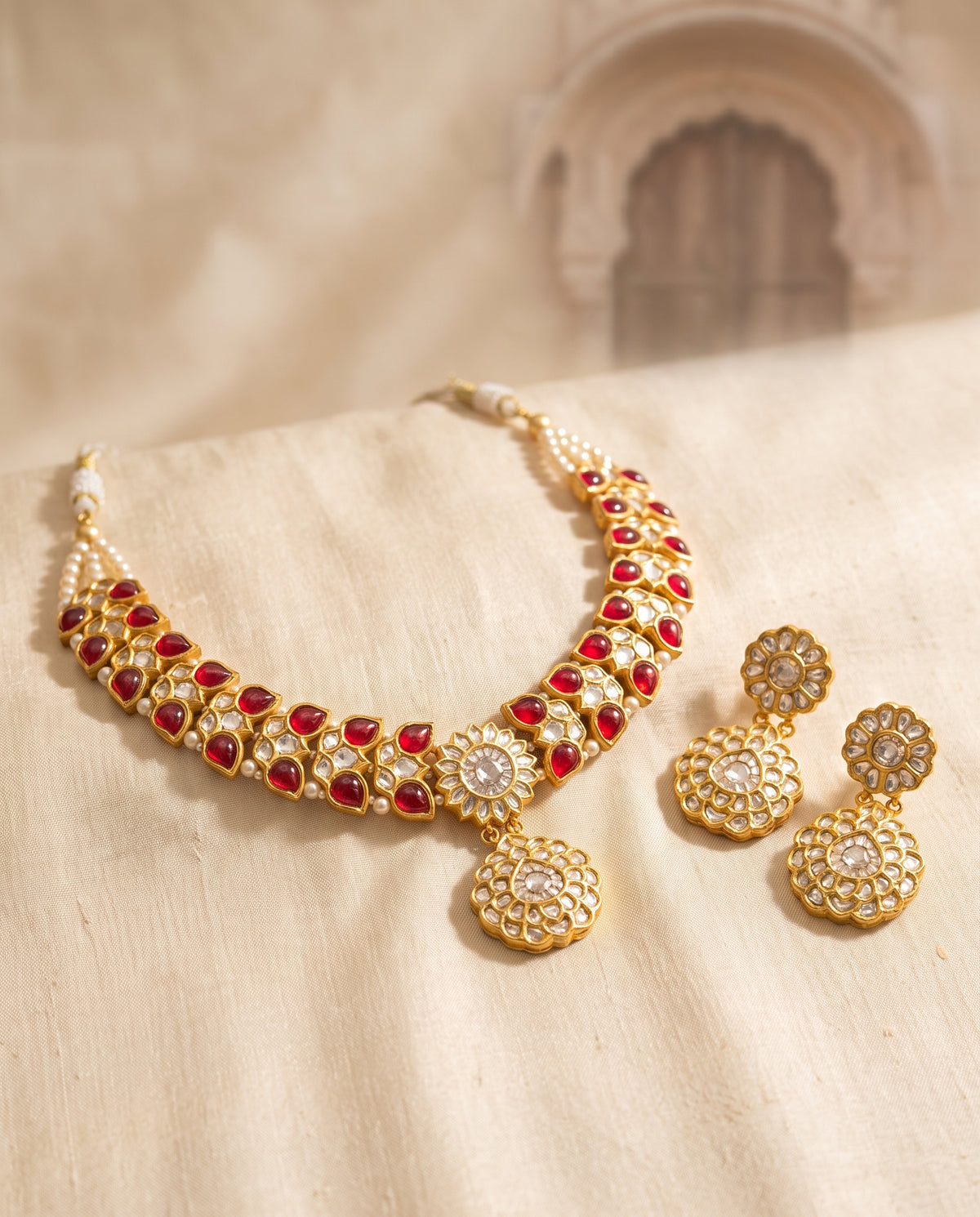 Handcrafted 22kt Gold Ruby Red Butterfly Necklace Set with 16 Carat Certified Syndicate Polki and Ruby Red Semi Precious Stones in Butterfly Motif Thapa Work