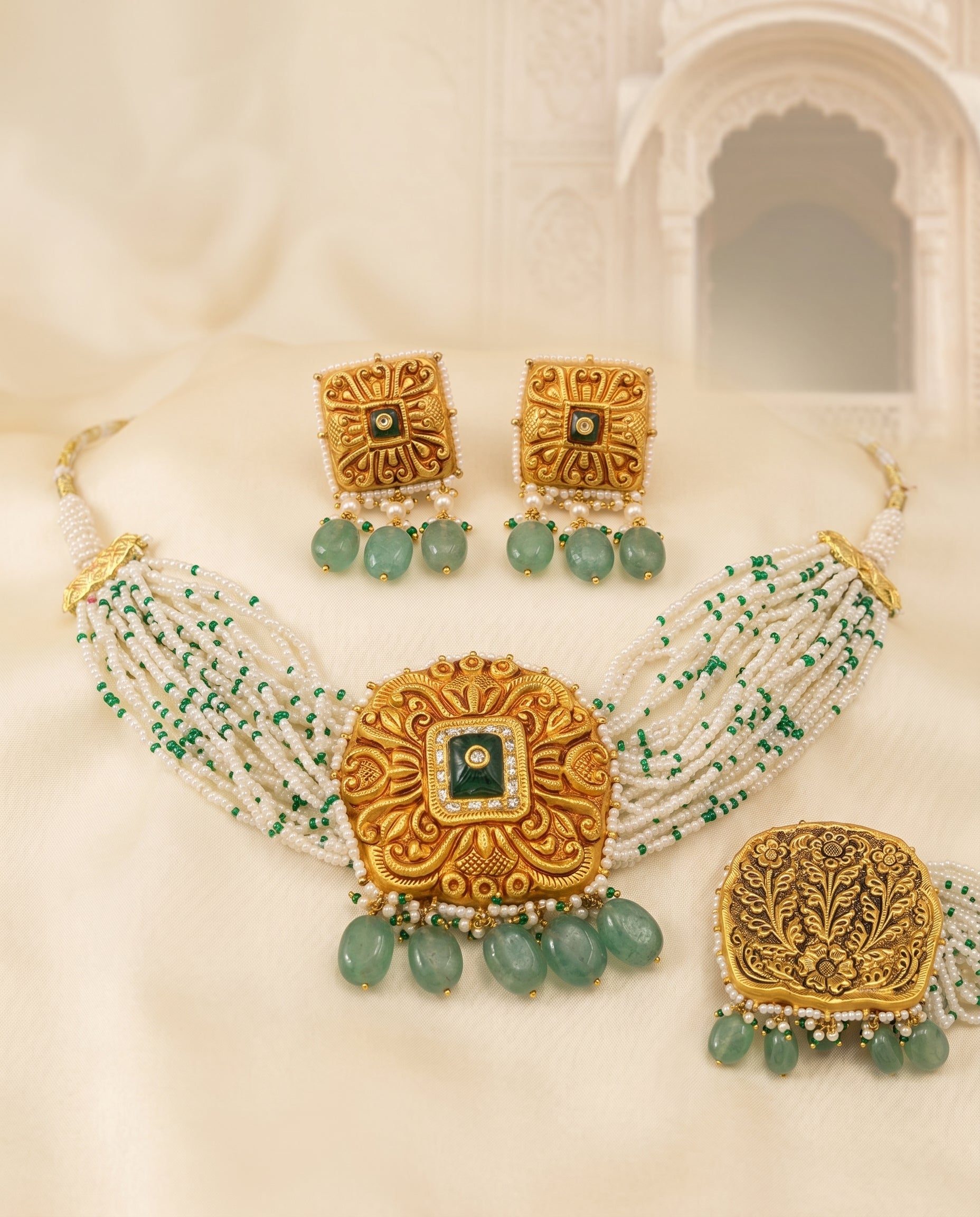 Handcrafted 22kt Gold Square Temple Green Set with 2 Carat Certified Syndicate Polki and Green Semi Precious Stones in Temple Motif Thapa Work