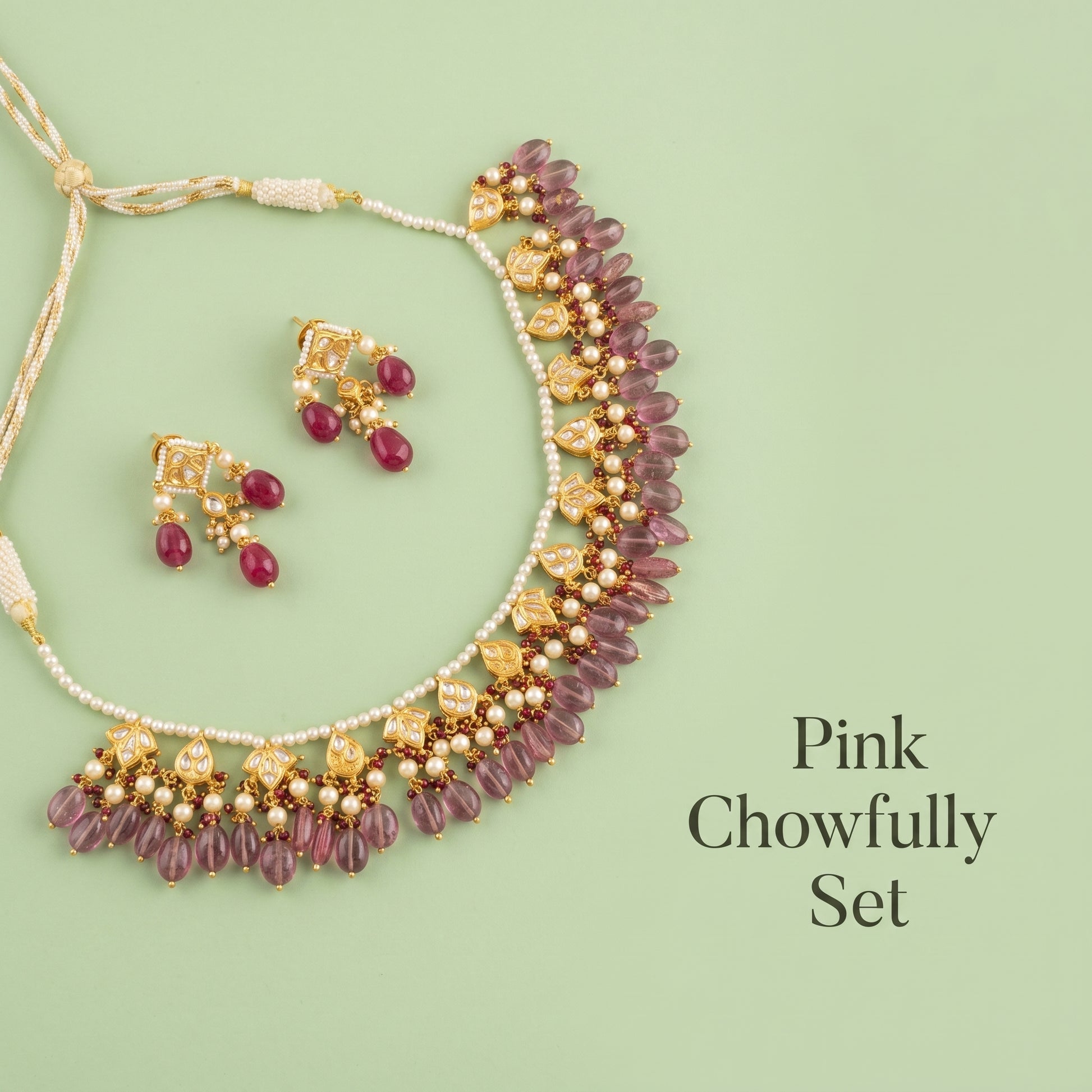 Handcrafted 22kt Gold Pink Chowfully Set with 4 Carat Certified Syndicate Polki and Pink Semi Precious Stones in Floral Cluster Thapa Work