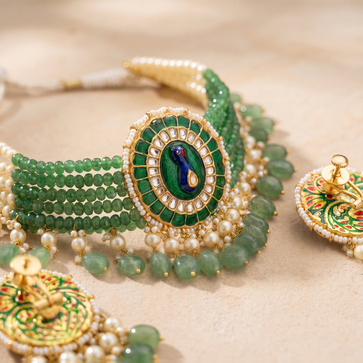 Handcrafted 22kt Gold Meenakari Peacock Choker Set with 6 Carat Certified Syndicate Polki and Meenakari Enamel in Peacock Motif Thapa Work