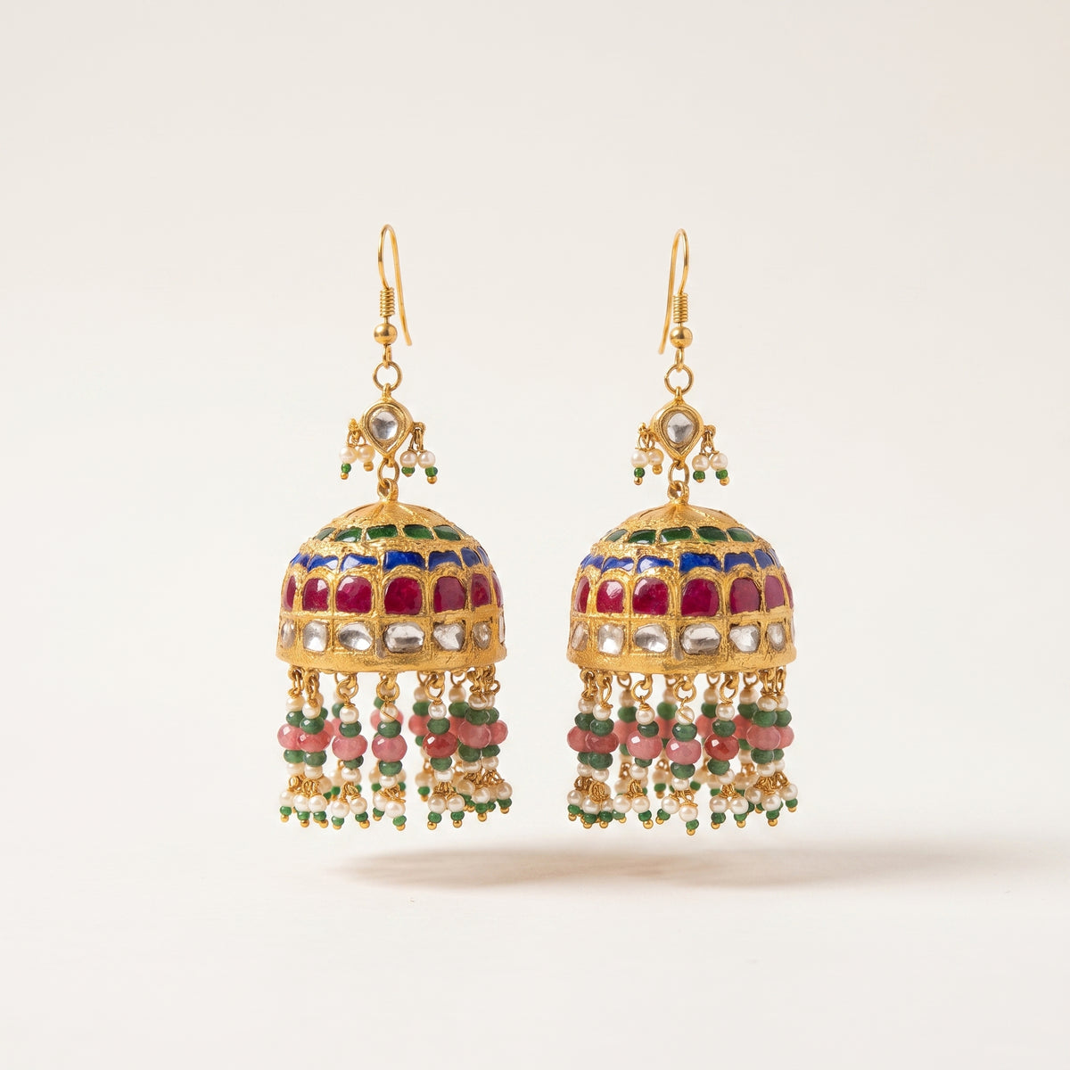 Handcrafted 22kt Gold Multicolour Fishhook Jhumki with 3 Carat Certified Syndicate Polki and Multi-Colour Semi Precious Stones in Thapa Work
