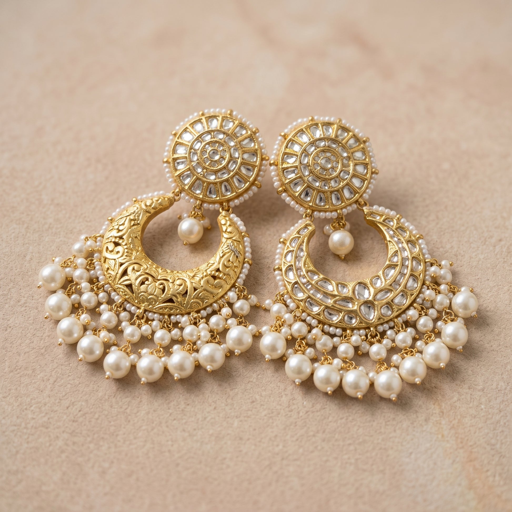 Handcrafted 22kt Gold All Polki Chandbali Earrings with 4 Carat Certified Syndicate Polki Across the Crescent in Thapa Work
