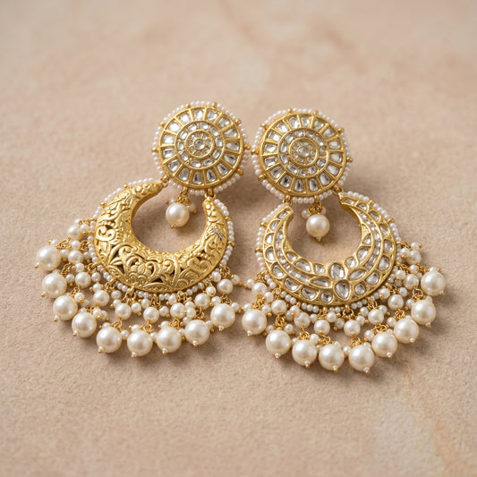Handcrafted 22kt Gold All Polki Chandbali Earrings with 4 Carat Certified Syndicate Polki Across the Crescent in Thapa Work