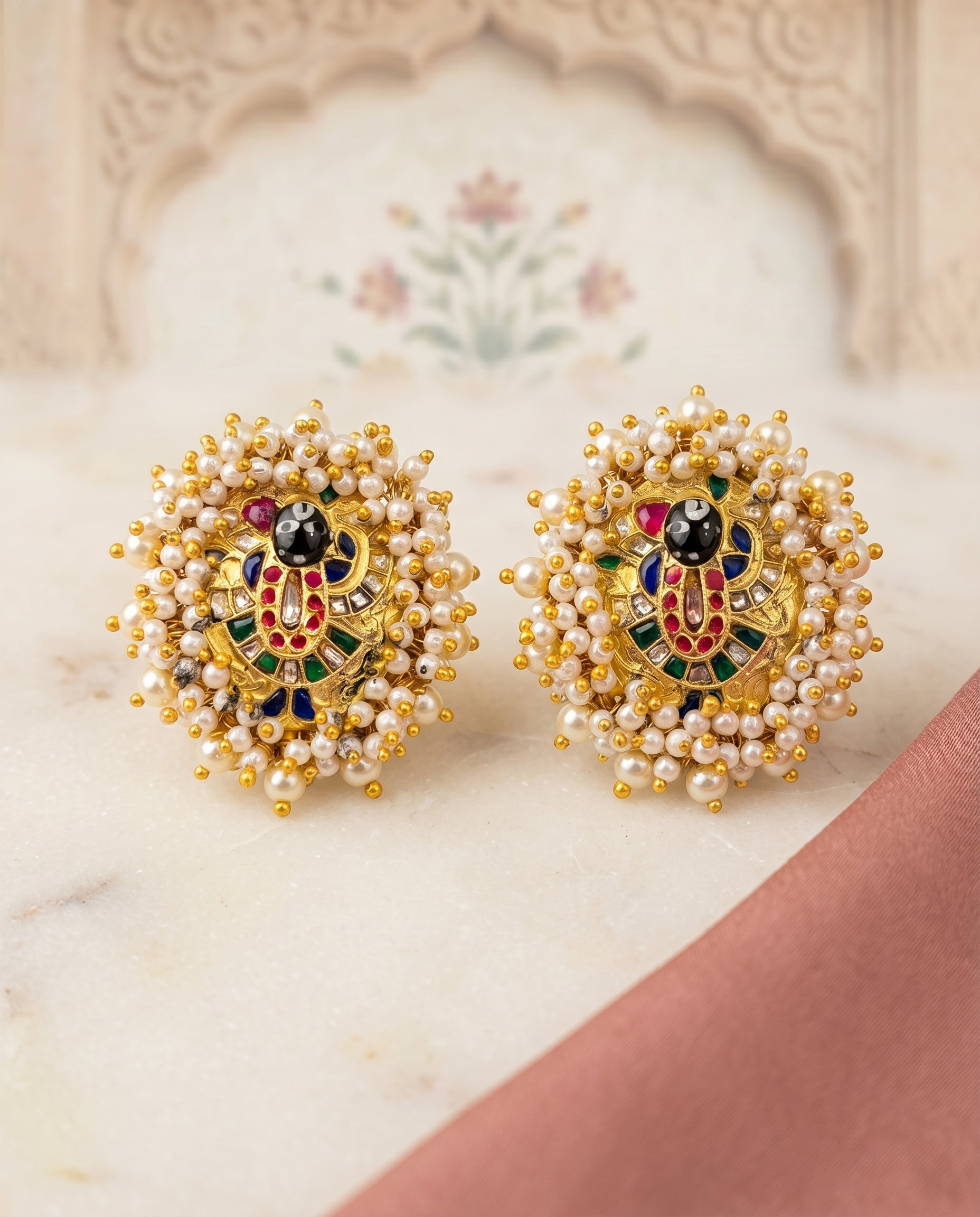 Handcrafted 22kt Gold Shreenathji Pearl Studs with 2 Carat Certified Syndicate Polki and Pearls in Devotional Thapa Work