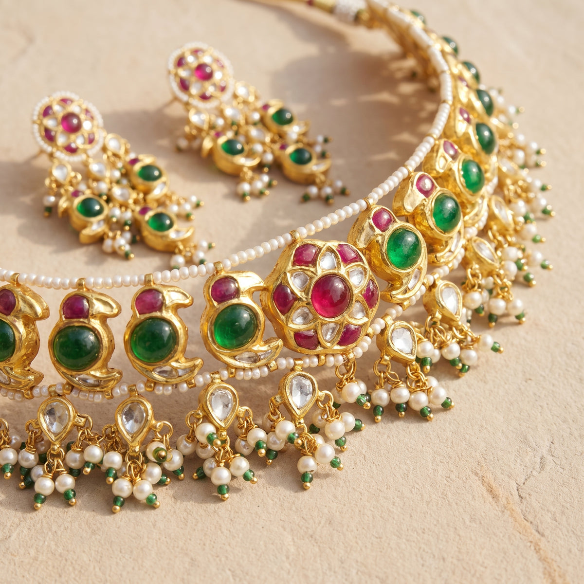 Handcrafted 22kt Gold Bird Motif Choker Set with 7 Carat Certified Syndicate Polki in Bird Motif Thapa Work
