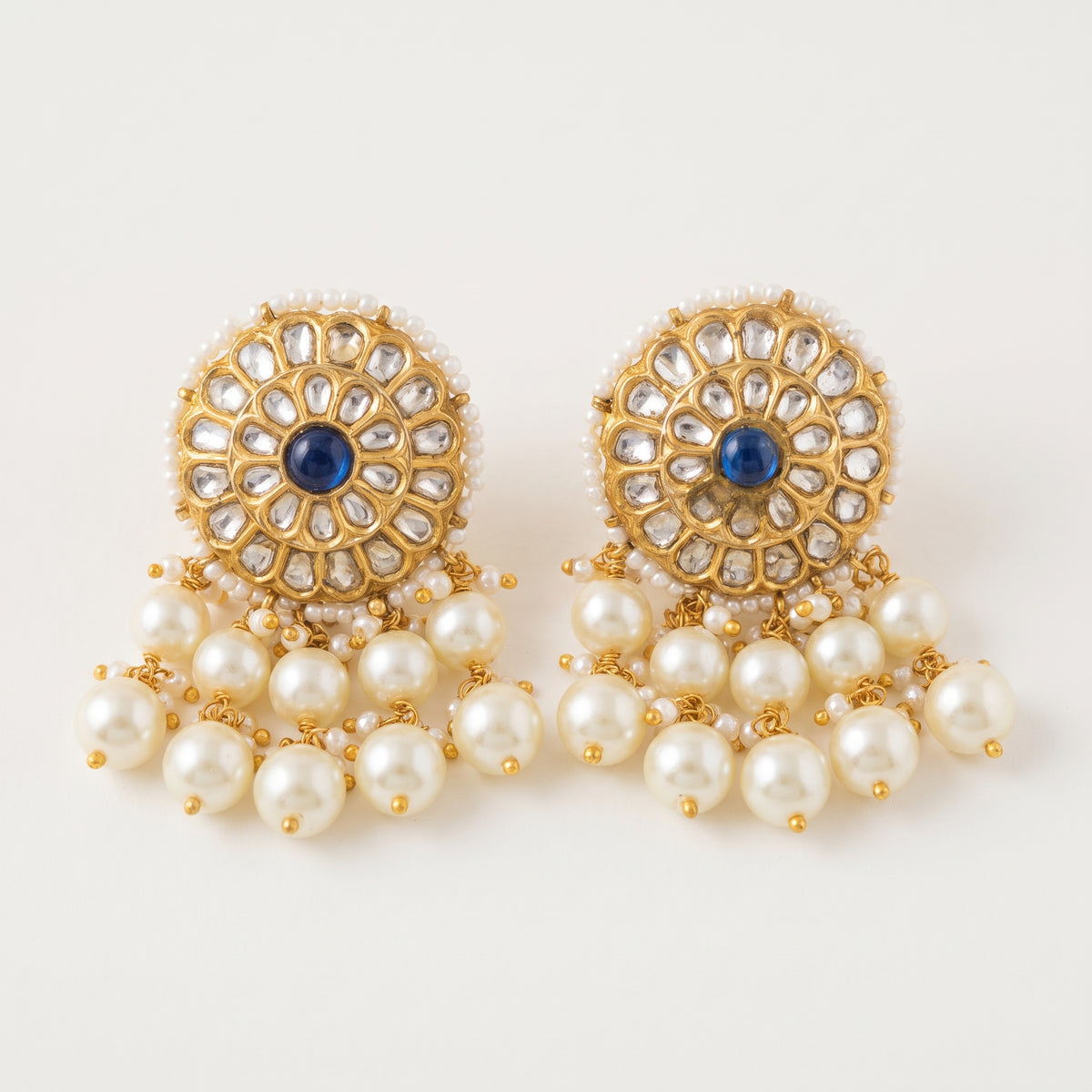 Handcrafted 22kt Gold Blue Studs with 2 Carat Certified Syndicate Polki and Blue Semi Precious Stones in Thapa Work