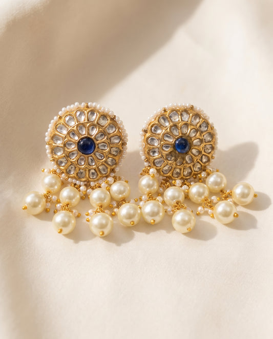 Handcrafted 22kt Gold Blue Studs with 2 Carat Certified Syndicate Polki and Blue Semi Precious Stones in Thapa Work