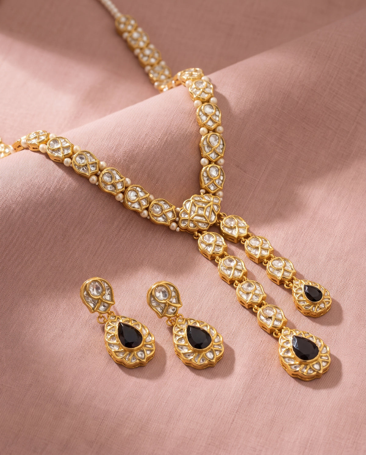 Handcrafted 22kt Gold Y Necklace Set with 20 Carat Certified Syndicate Polki in Elongating Y-Drop Thapa Work