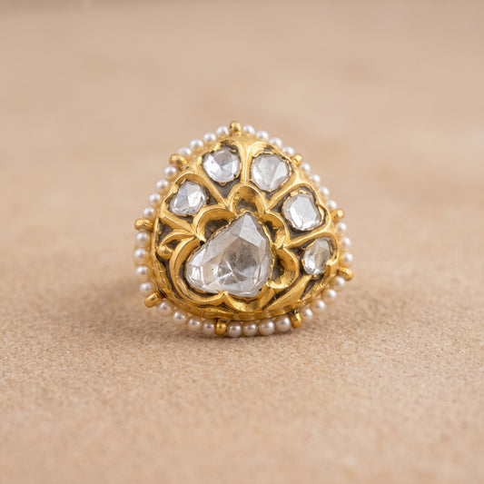 Handcrafted 22kt Gold Uncut Polki Ring with 2 Carat Certified Syndicate Polki in Thapa Work