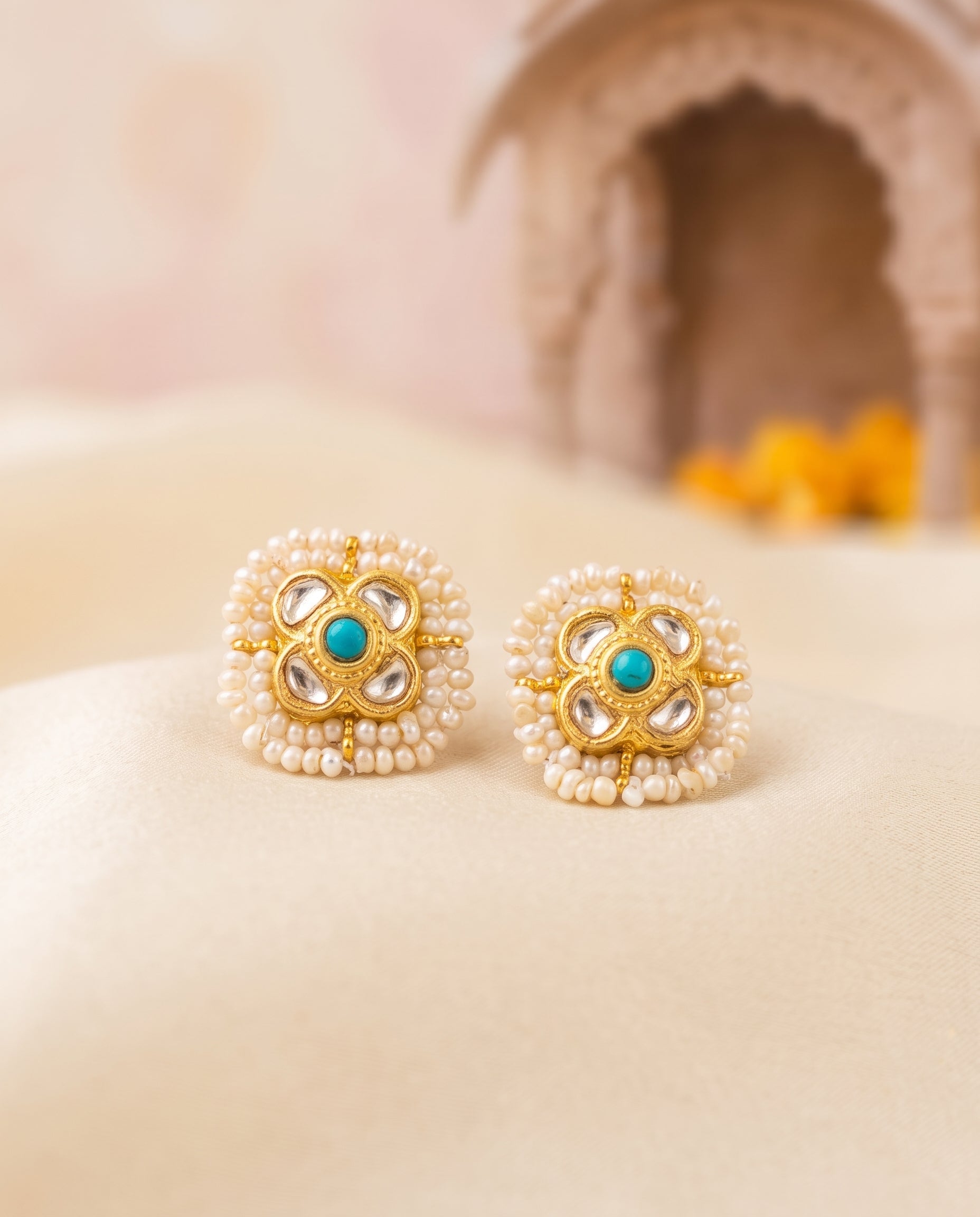 Handcrafted 22kt Gold Feroza Double Pearl Studs with Certified Syndicate Polki Turquoise Feroza and Two Pearls in Thapa Work