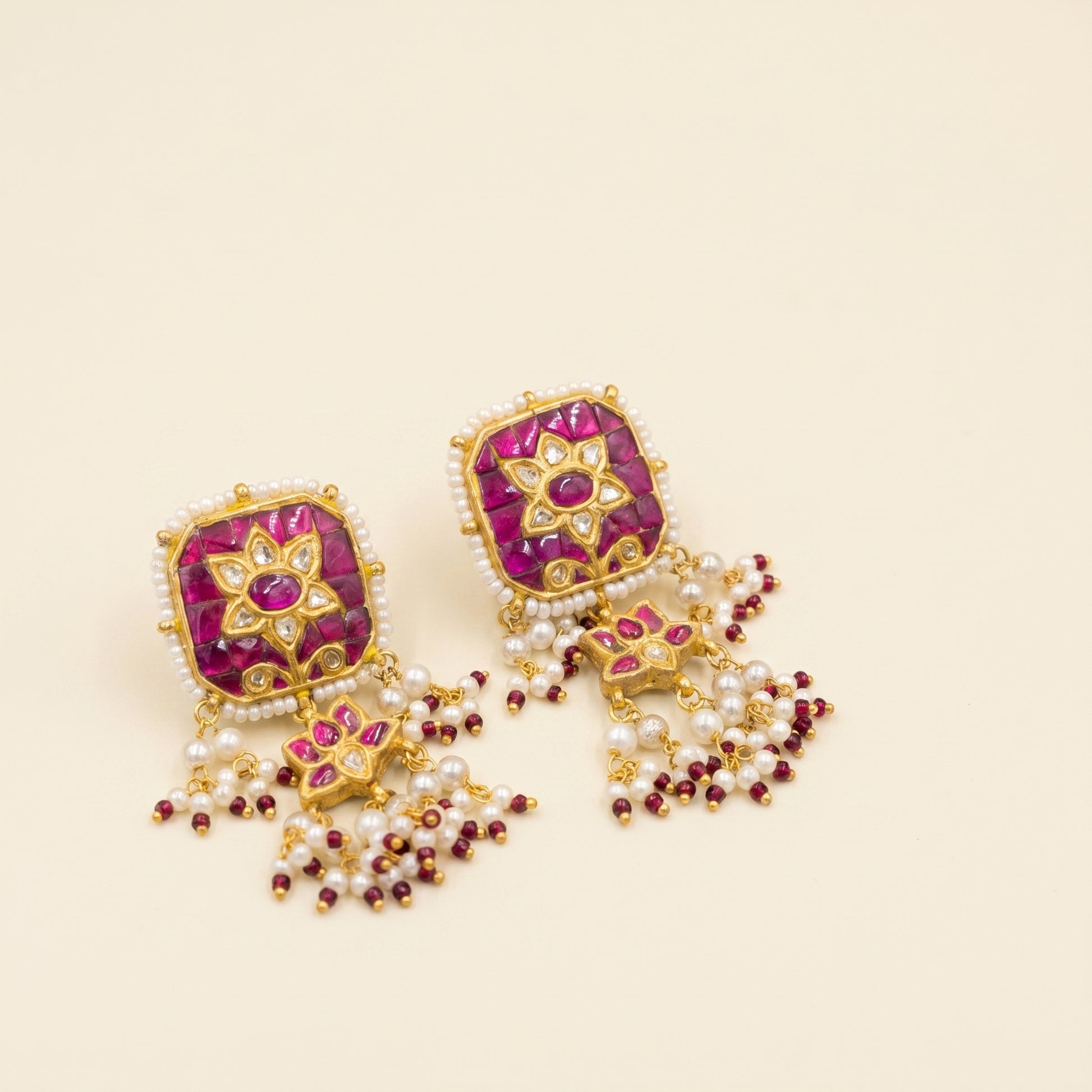 Jharoka Pink square lotus earrings | Vama Gears