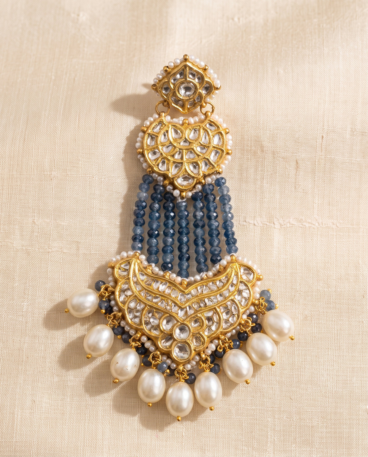 Handcrafted 22kt Gold Three Layer Chandbali Earrings with 5 Carat Certified Syndicate Polki and Blue Bead Drops in Cascading Crescent Thapa Work