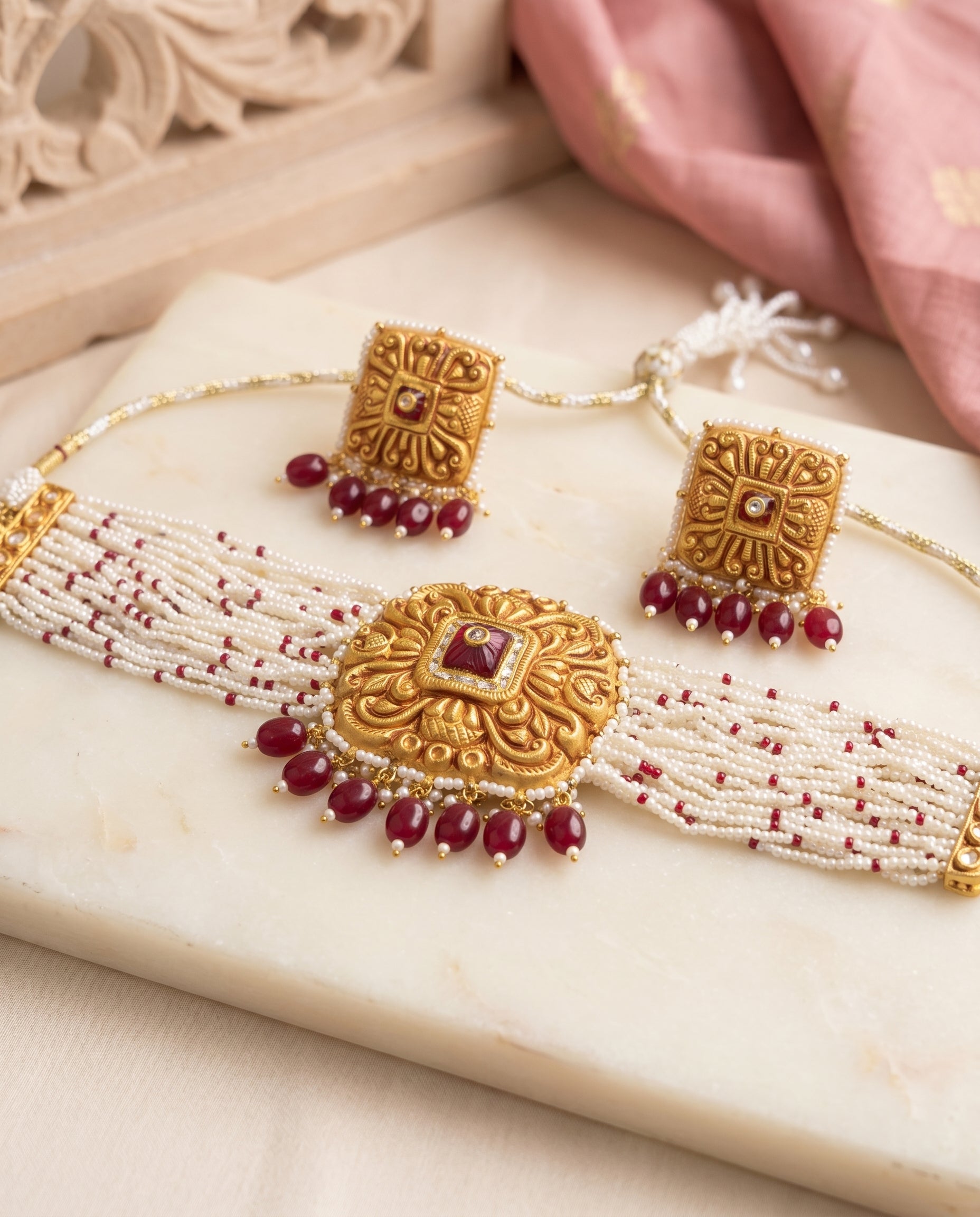 Handcrafted 22kt Gold Square Temple Choker Set with 2 Carat Certified Syndicate Polki in Temple Motif Thapa Work