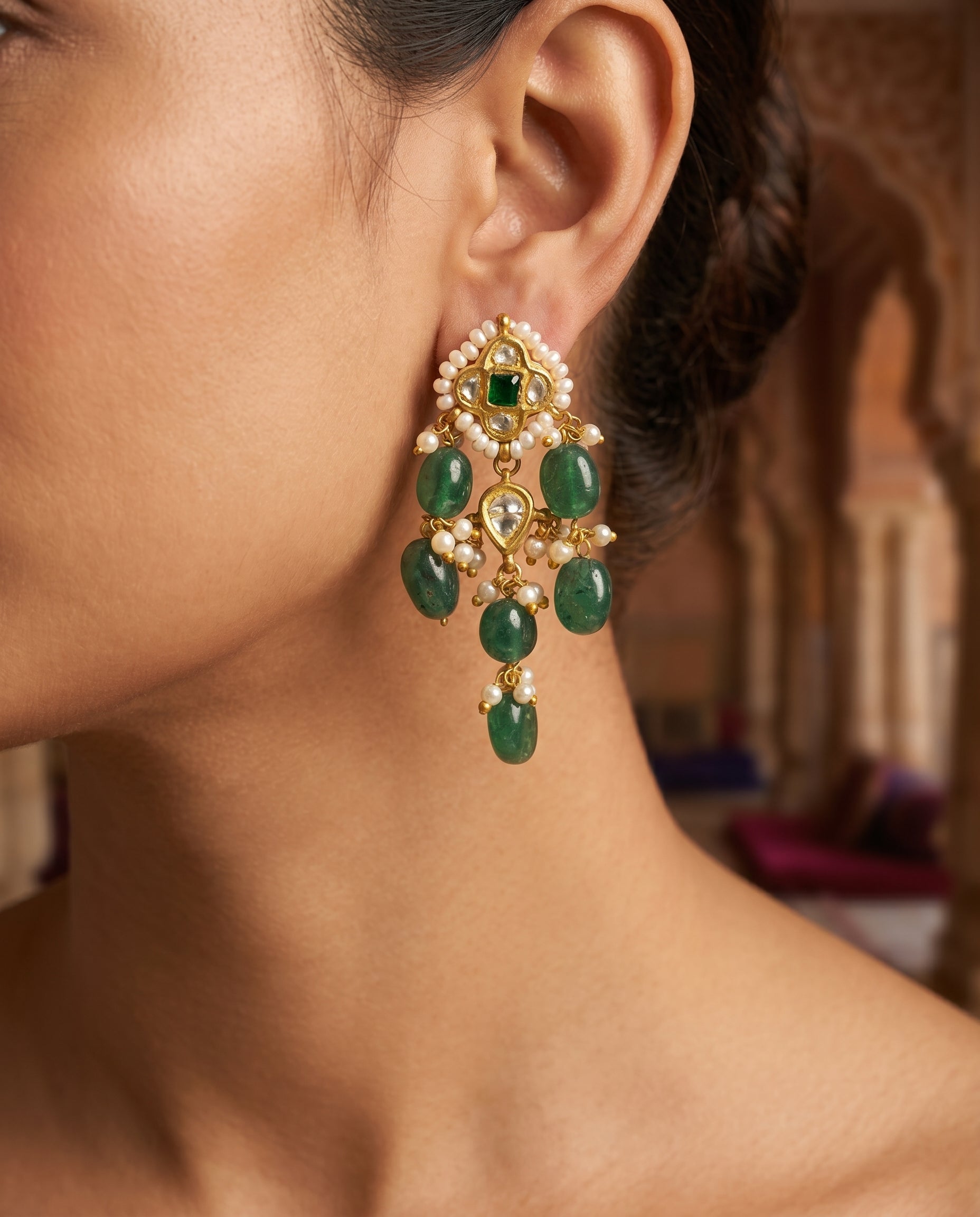 Handcrafted 22kt Gold Green Chowfully Earrings with Certified Syndicate Polki and Green Semi Precious Stones in Cluster Thapa Work