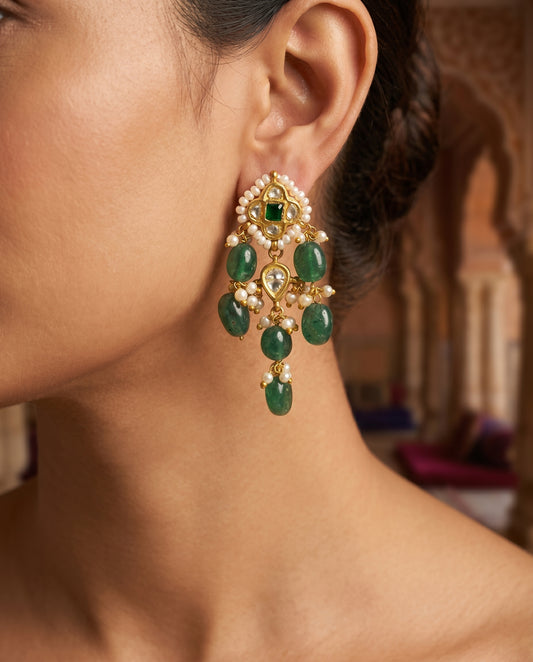 Handcrafted 22kt Gold Green Chowfully Earrings with Certified Syndicate Polki and Green Semi Precious Stones in Cluster Thapa Work