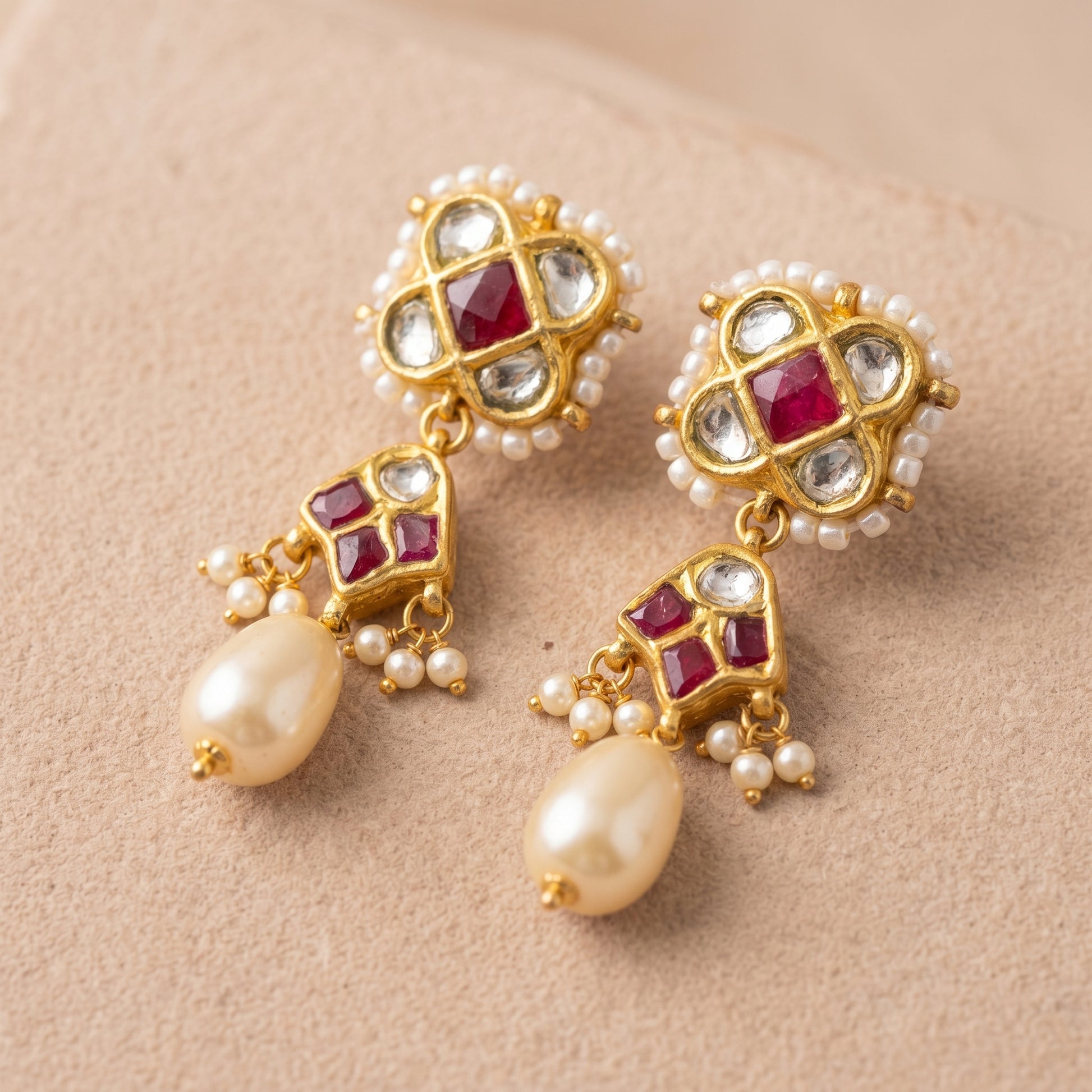 Handcrafted 22kt Gold Red Chowfully Trifully Drop Earrings with Certified Syndicate Polki and Red Semi Precious Stones in Floral Cluster Thapa Work