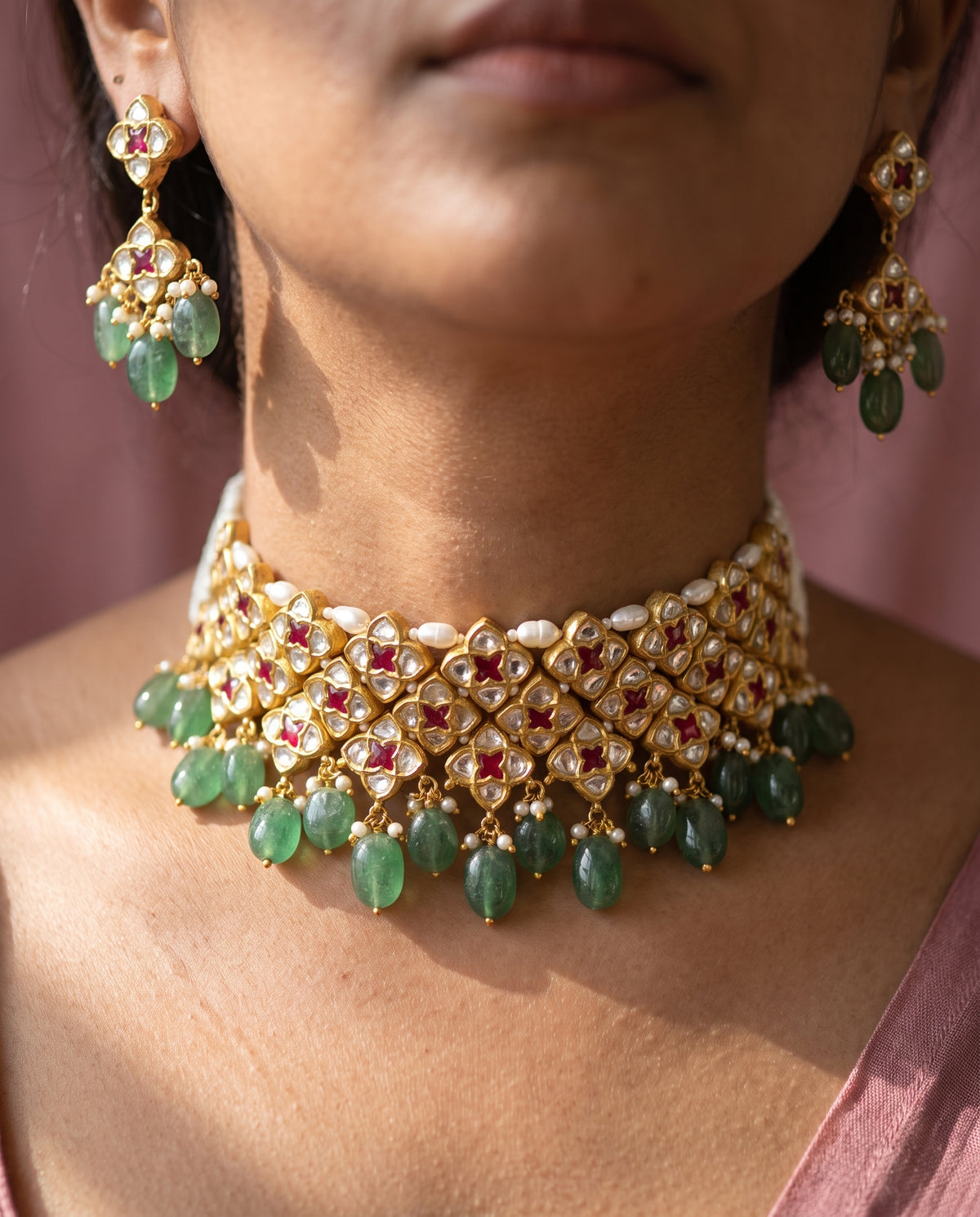 Handcrafted 22kt Gold Star Ruby Choker Set with 18 Carat Certified Syndicate Polki and Ruby Red Semi Precious Stones in Star Motif Thapa Work