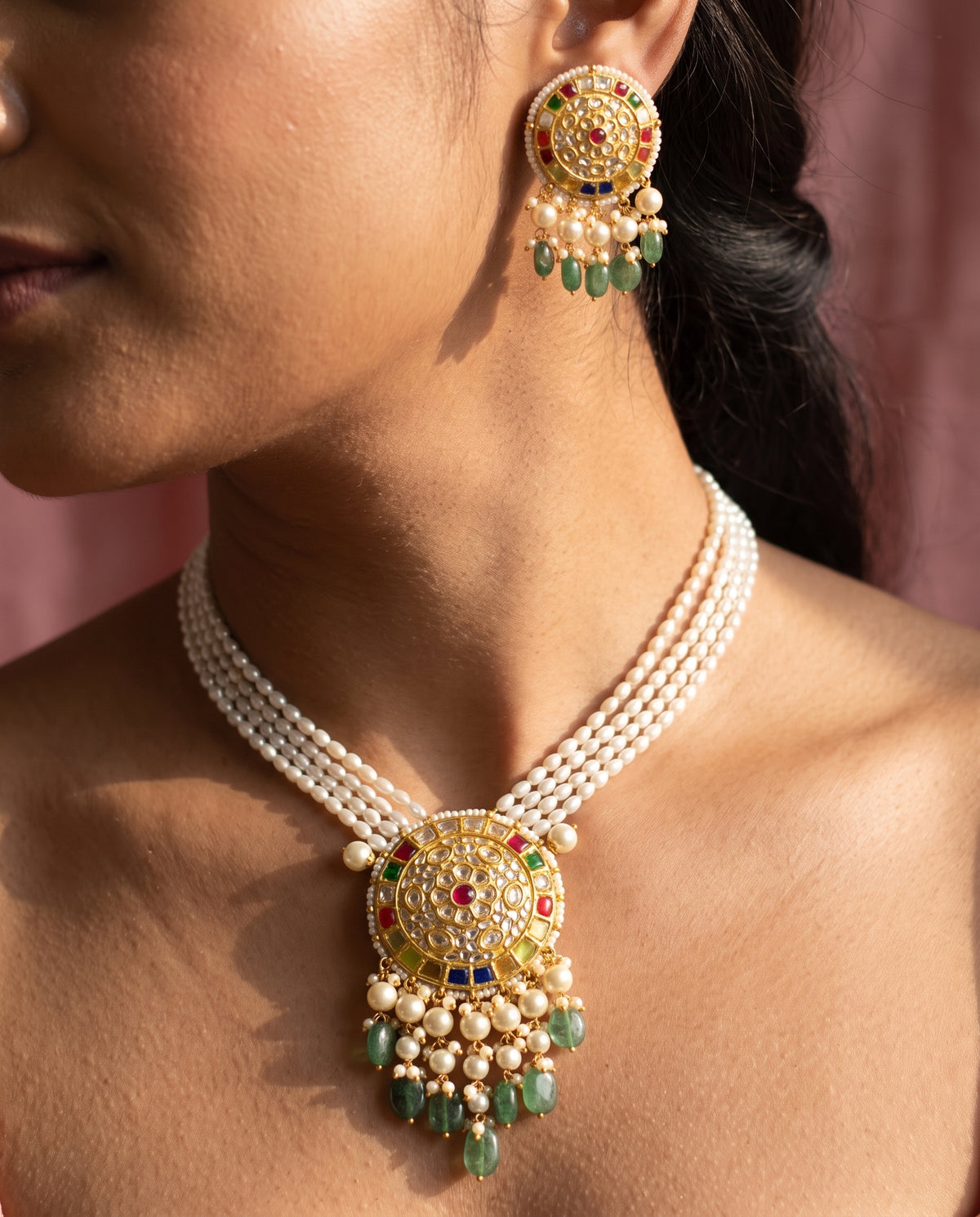 Handcrafted 22kt Gold Navratan Pendant Set with 5 Carat Certified Syndicate Polki and Multi-Colour Semi Precious Stones in Thapa Work