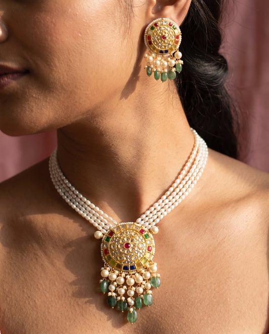 Handcrafted 22kt Gold Navratan Pendant Set with 5 Carat Certified Syndicate Polki and Multi-Colour Semi Precious Stones in Thapa Work