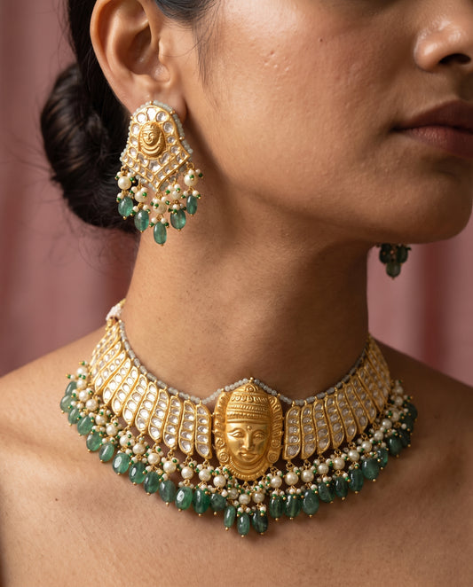 Handcrafted 22kt Gold Temple Choker Set with 10 Carat Certified Syndicate Polki in Temple Motif Thapa Work