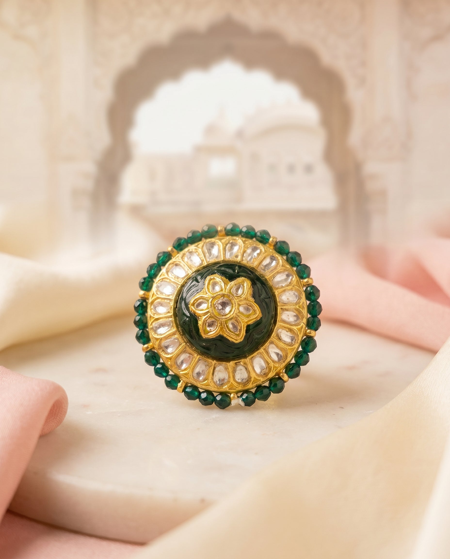Jharoka Green cocktail ring | Vama Gears