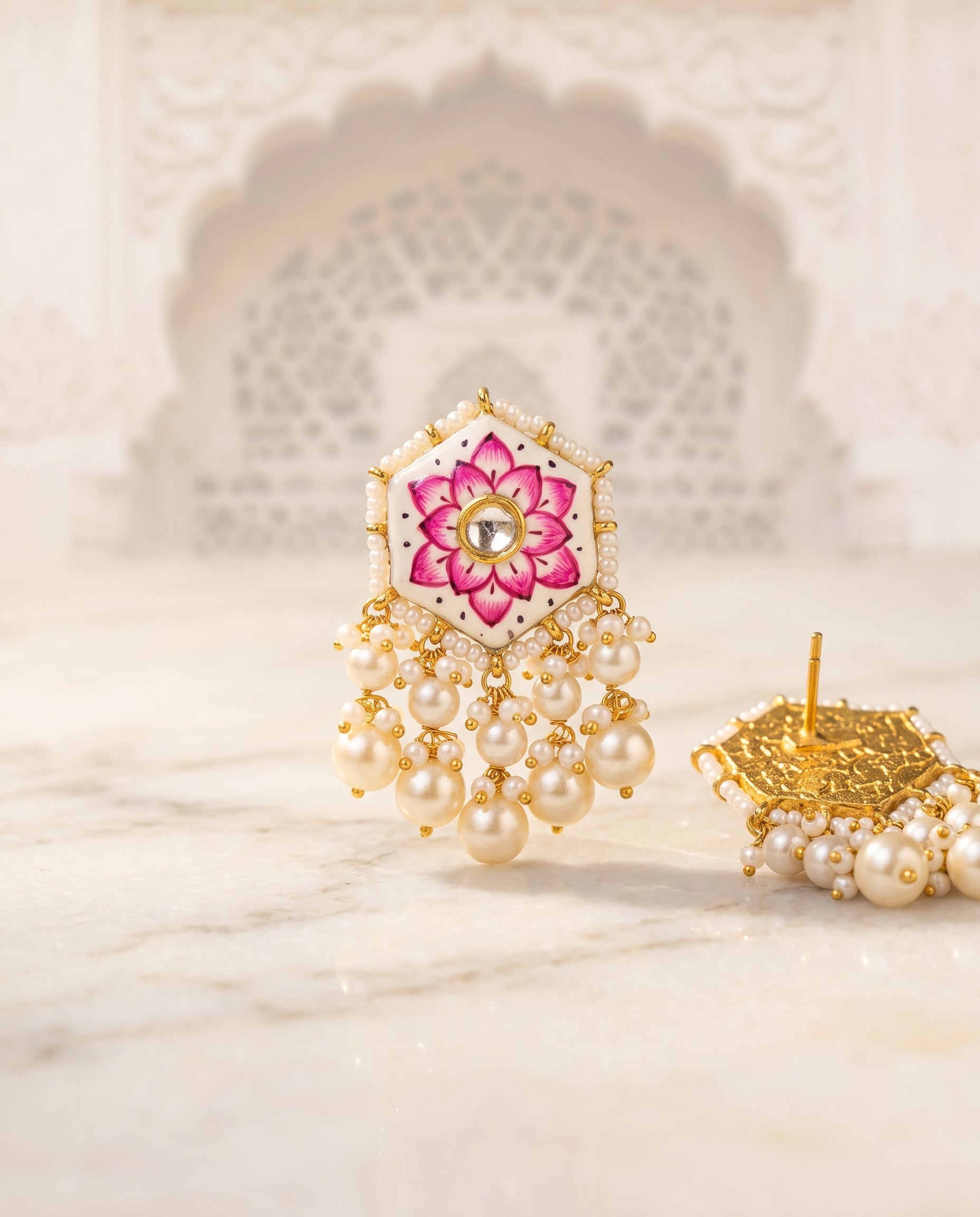 Handcrafted 22kt Gold White Meenakari Studs with 2 Carat Certified Syndicate Polki and White Meenakari Enamel Work in Thapa Work