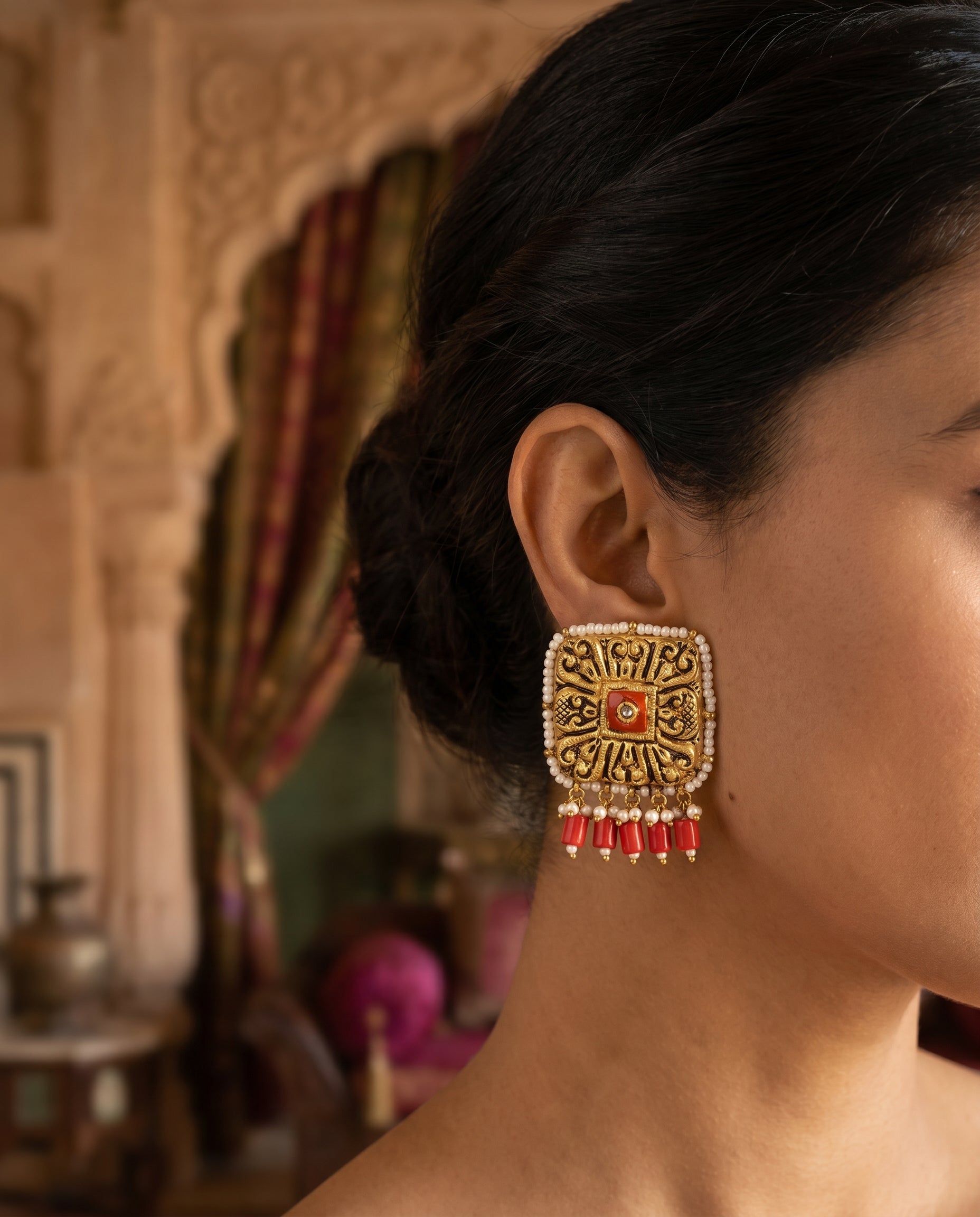 Jharoka Square temple earrings | Vama Gears