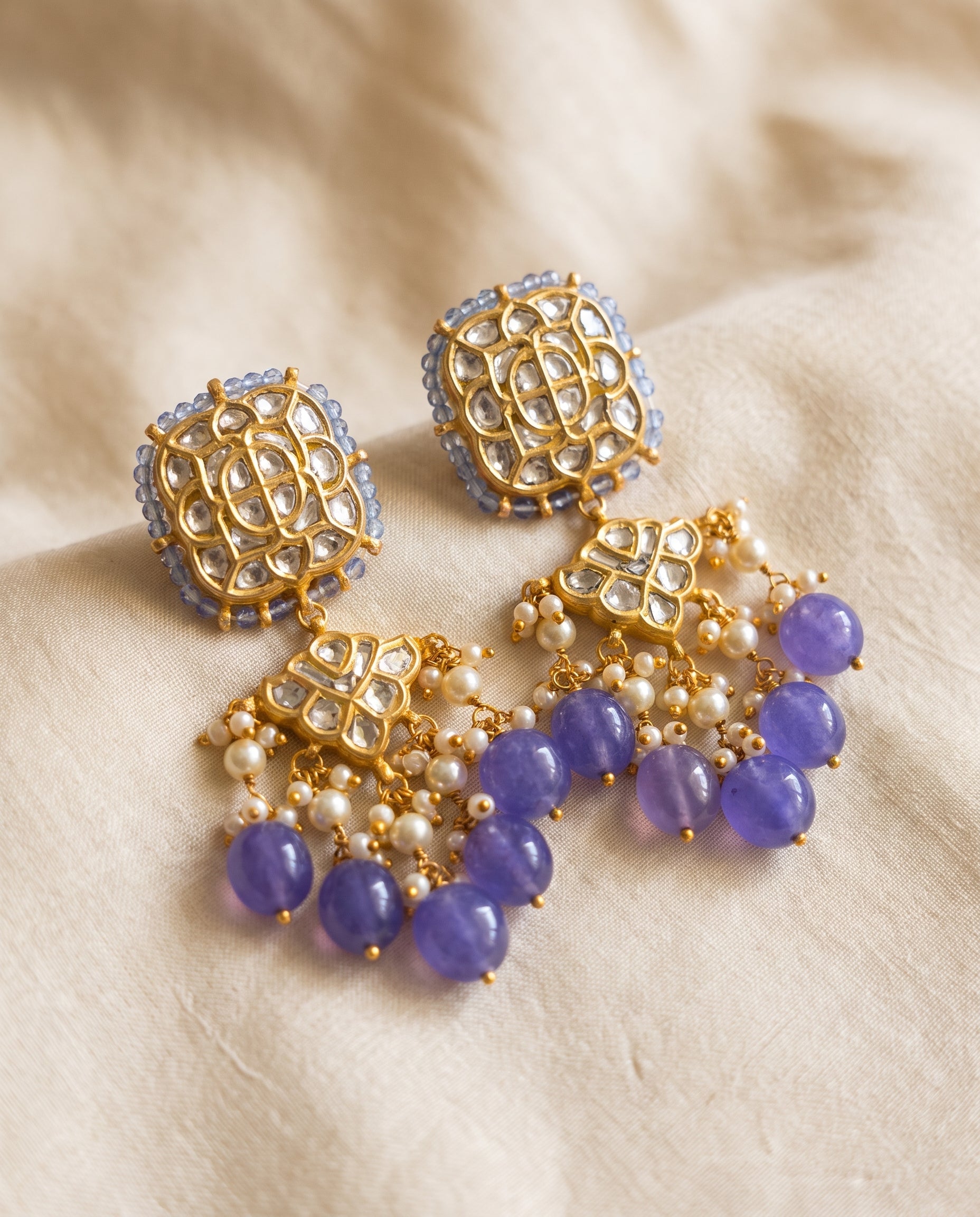 Handcrafted 22kt Gold Jakarti Earrings with Certified Syndicate Polki in Thapa Work