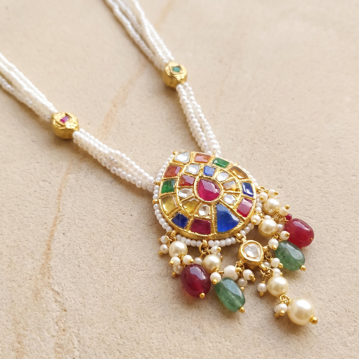 Handcrafted 22kt Gold Oval Navratan Pendant with 2 Carat Certified Syndicate Polki and Multi-Colour Semi Precious Stones in Thapa Work
