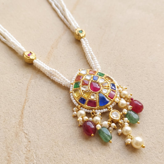 Handcrafted 22kt Gold Oval Navratan Pendant with 2 Carat Certified Syndicate Polki and Multi-Colour Semi Precious Stones in Thapa Work