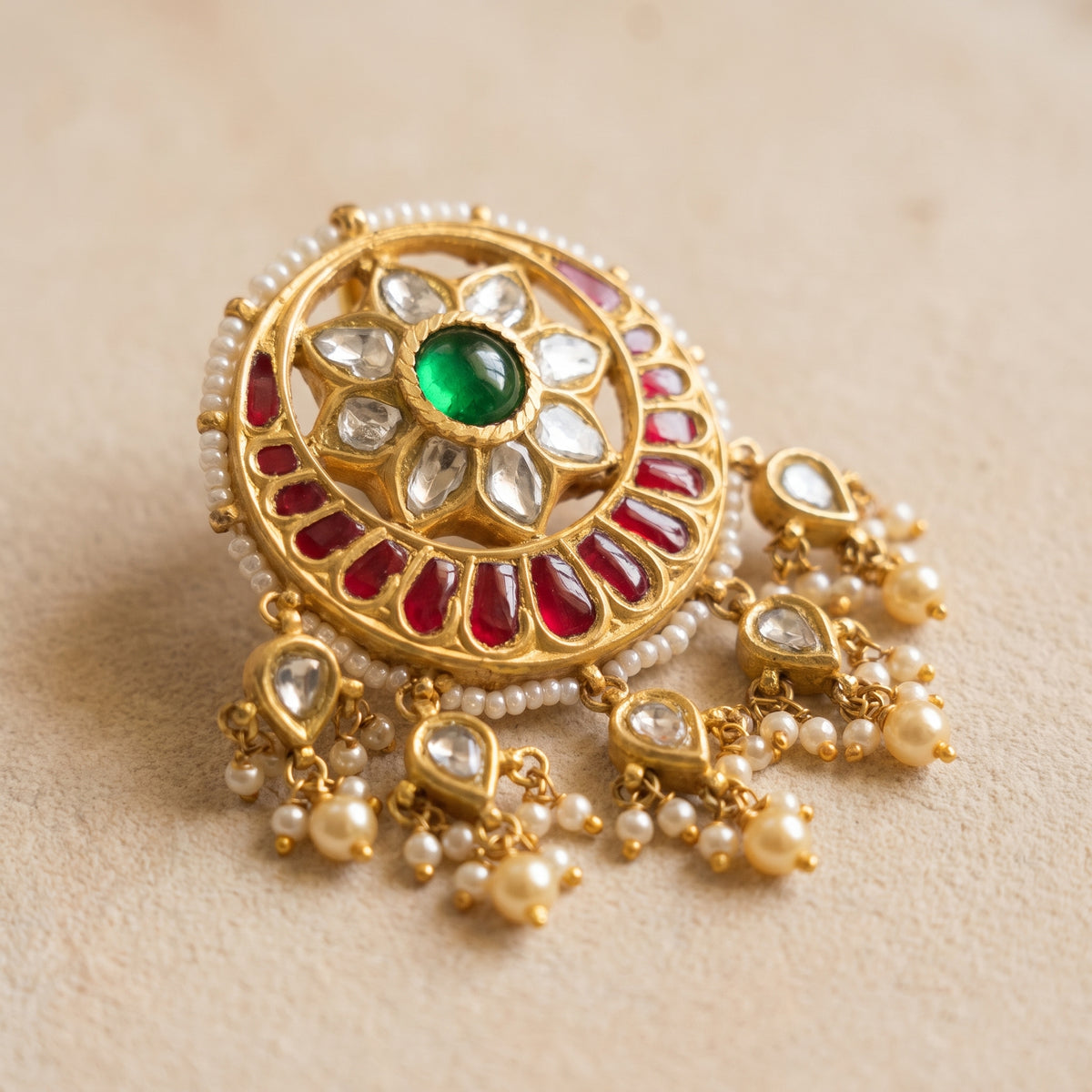 Handcrafted 22kt Gold Moon Chand Pendant with 3 Carat Certified Syndicate Polki in Crescent Thapa Work