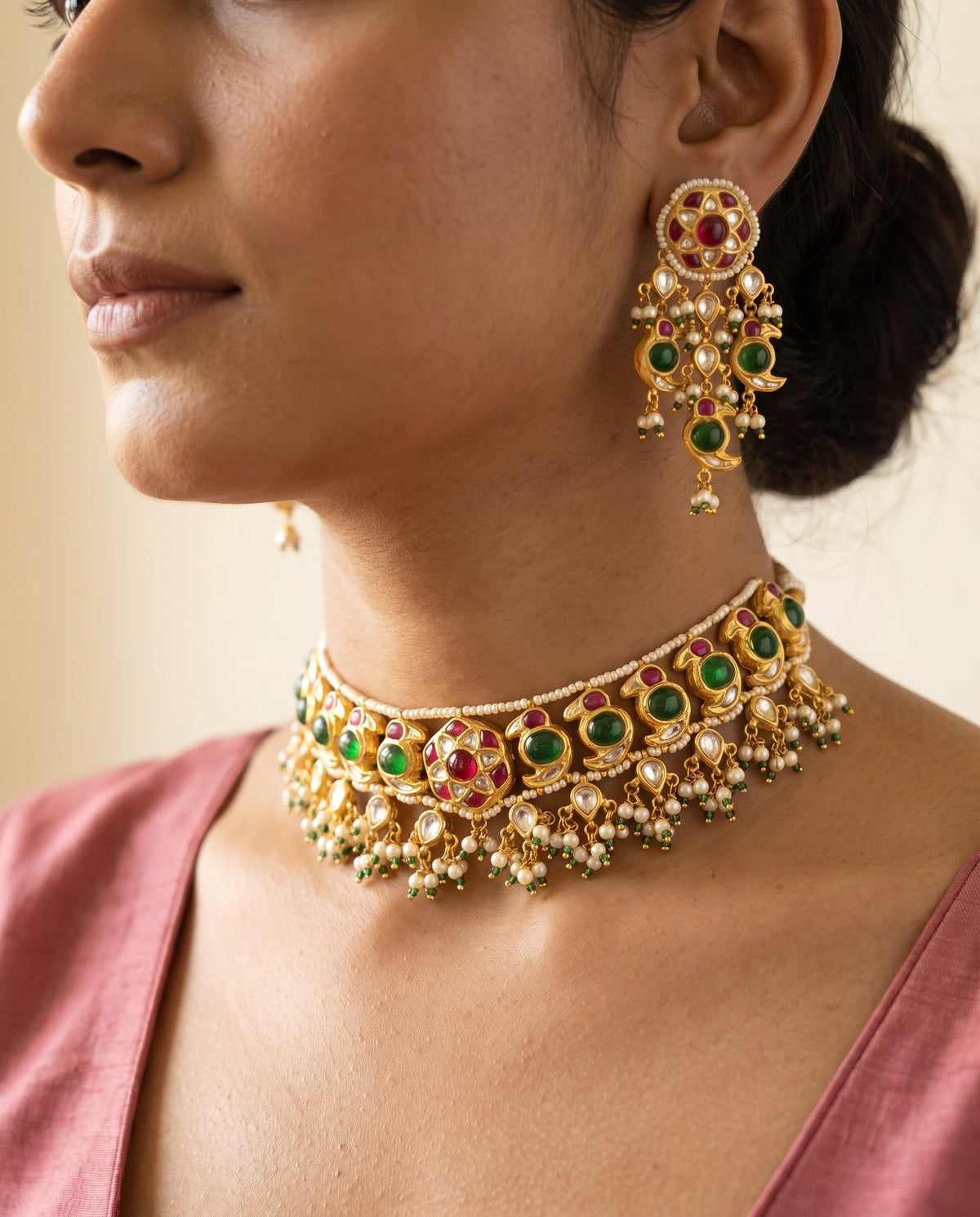 Handcrafted 22kt Gold Bird Motif Choker Set with 7 Carat Certified Syndicate Polki in Bird Motif Thapa Work