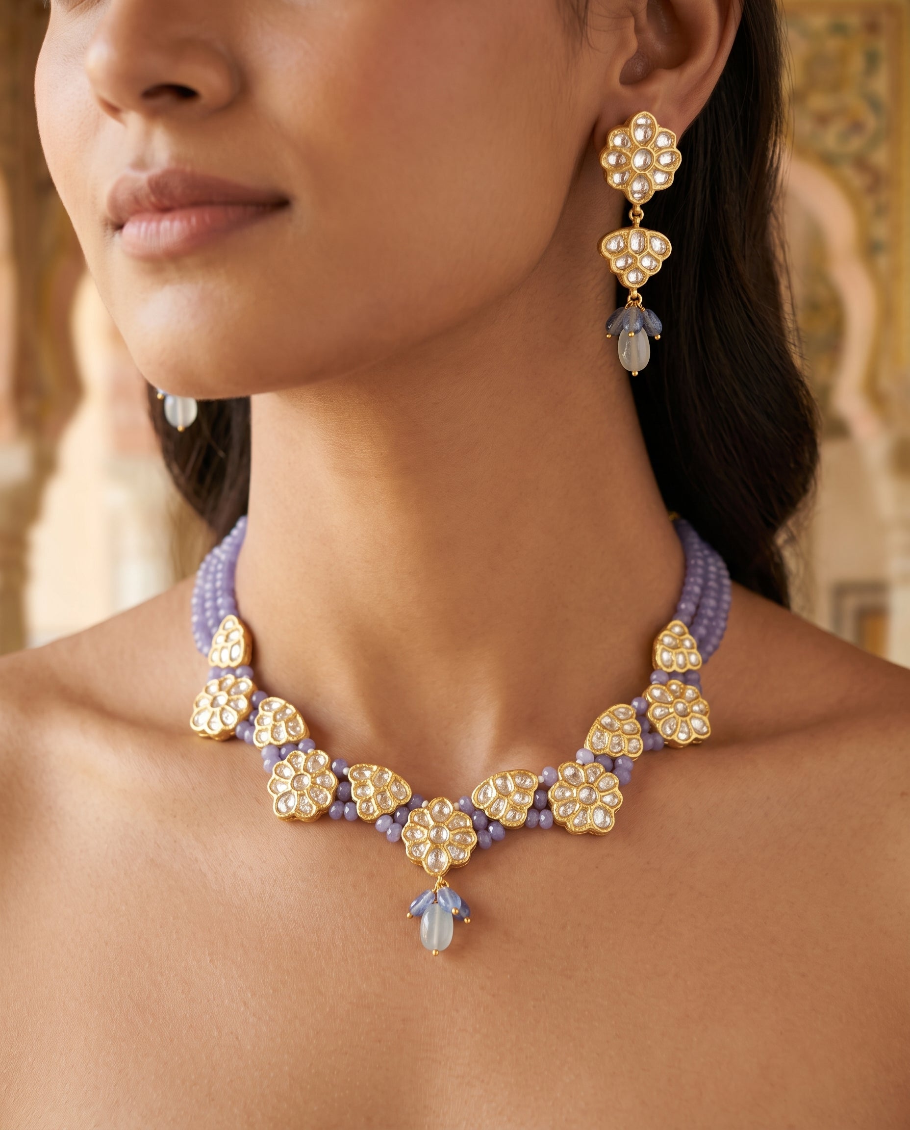 Handcrafted 22kt Gold Jakarti Set with 7 Carat Certified Syndicate Polki in Thapa Work
